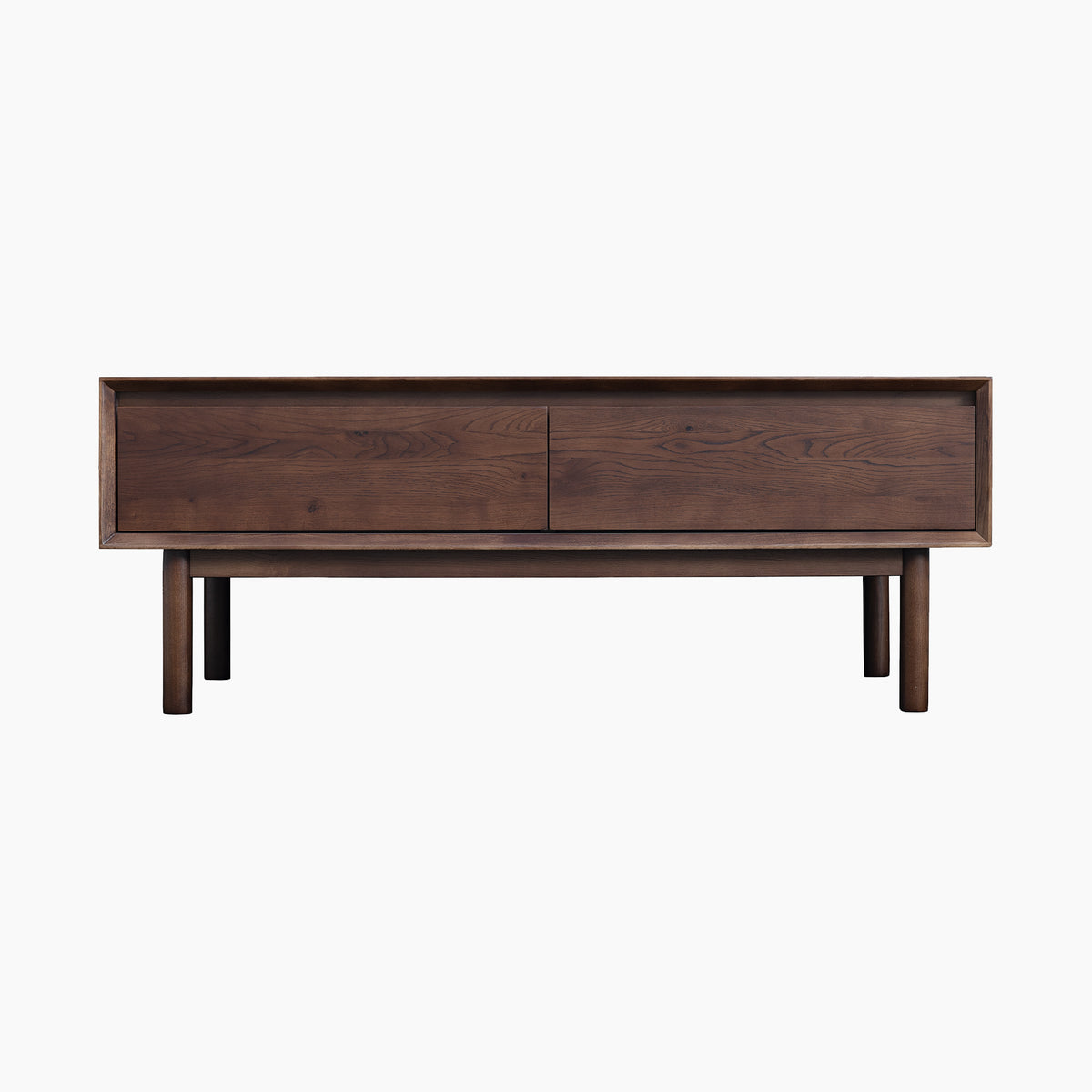 Oslo Coffee Table with 4 Drawers in Walnut—a striking dark wood mid-century modern piece featuring four spacious drawers and sturdy legs, photographed on a white background. This table draws inspiration from timeless Oslo design elements and showcases the rich, classic tones of walnut.