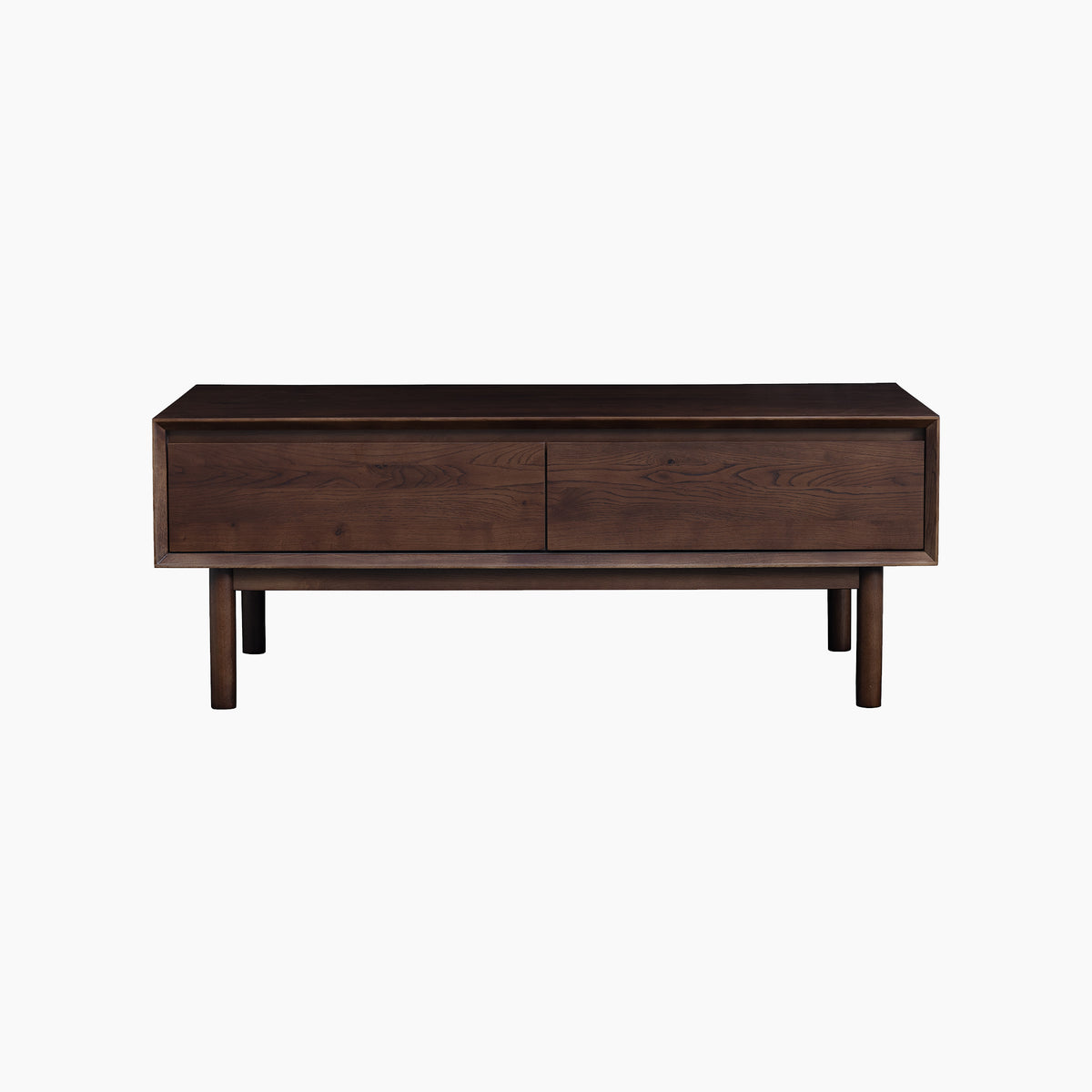 Oslo Coffee Table with 4 Drawers in Walnut: Dark walnut coffee table featuring four drawers, a simple rectangular design, and four sturdy legs on a white background.