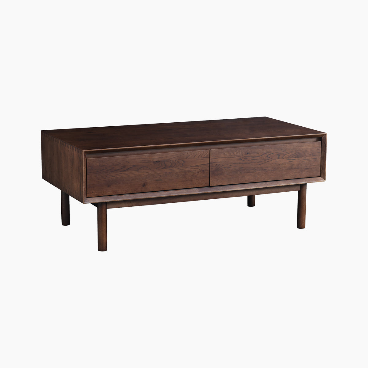 Oslo Coffee Table with 4 drawers in a walnut finish, featuring a rectangular wooden design and four legs.