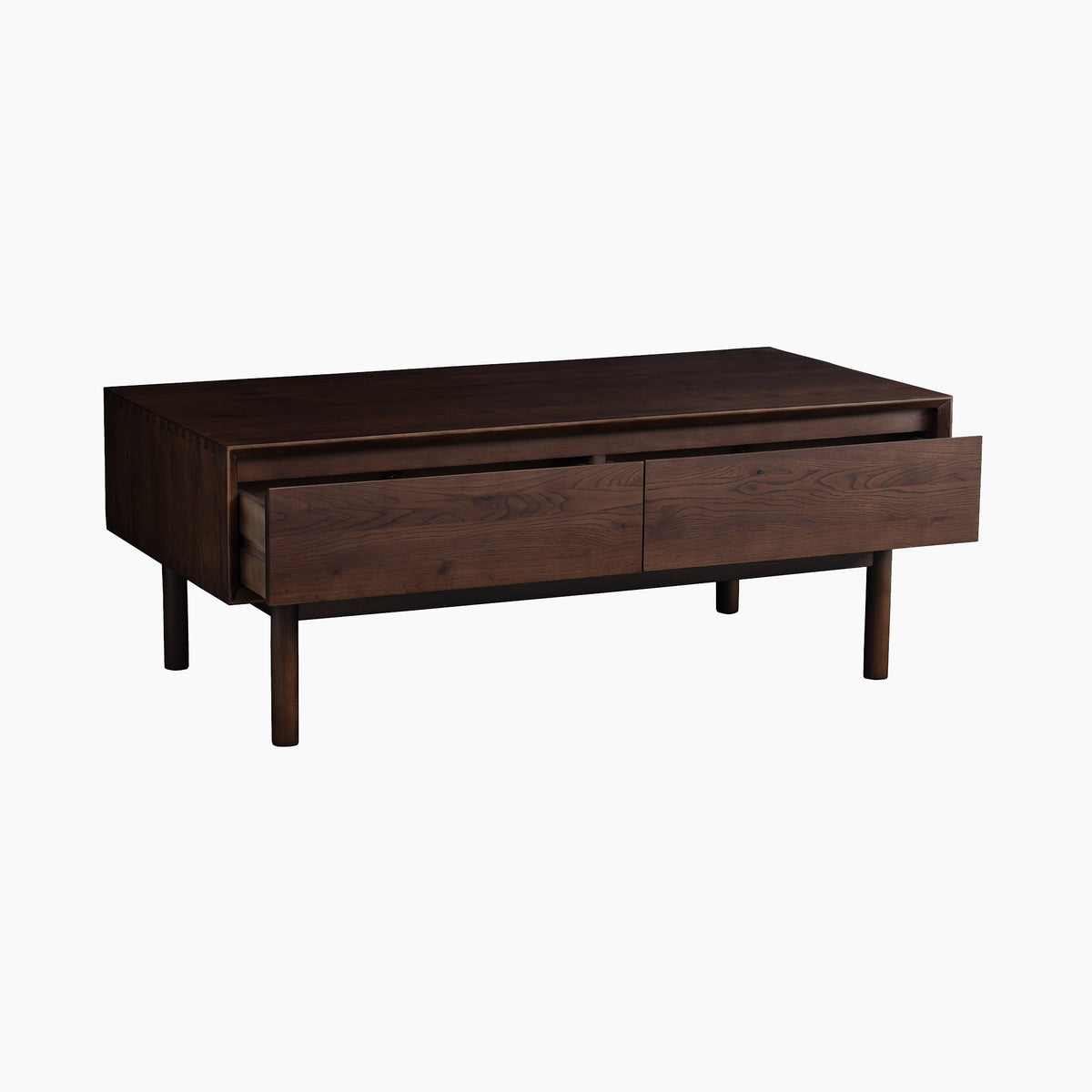 Walnut Oslo Coffee Table with four drawers, one partially open, set against a white background.