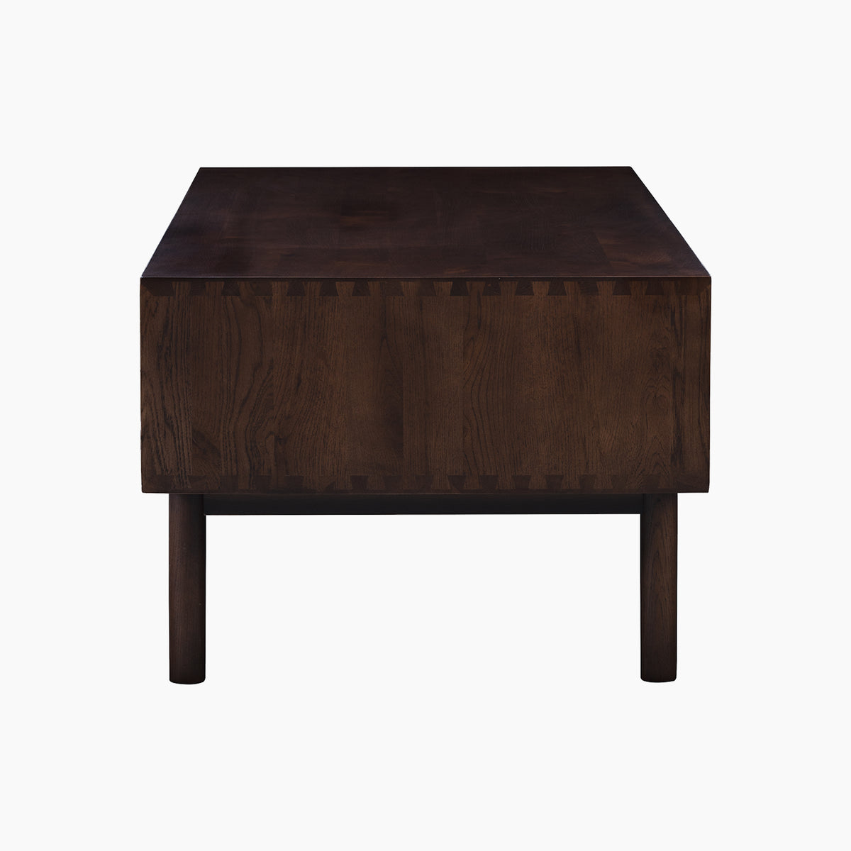 A front view of the Oslo Coffee Table with 4 Drawers in Walnut, featuring a dark wooden square design and visible dovetail joints, set against a white background.