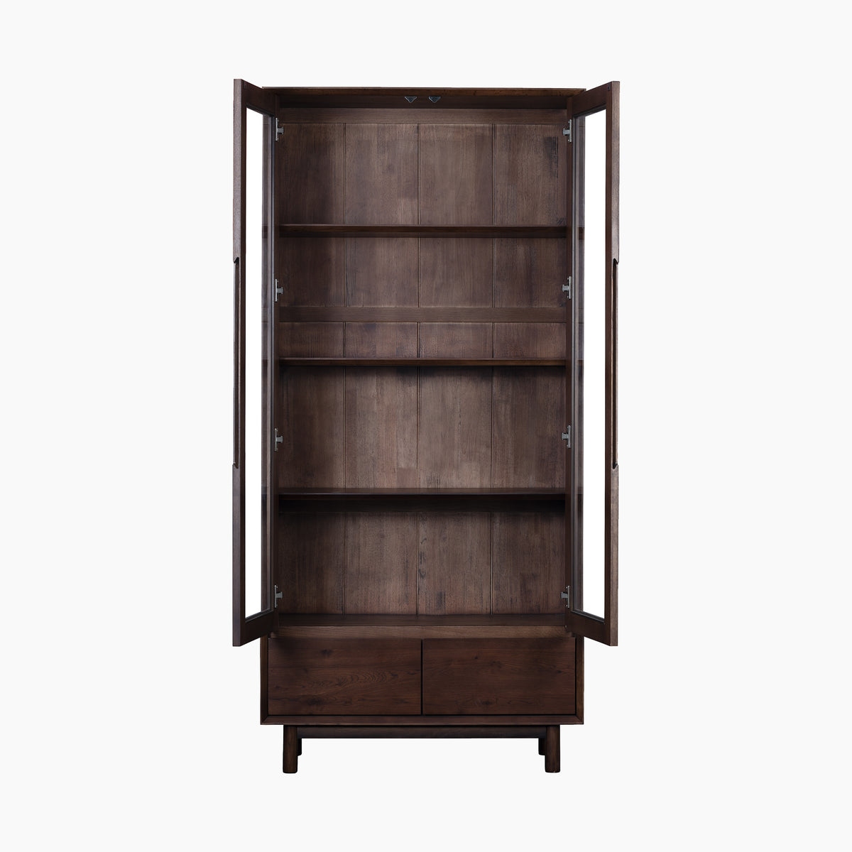 Oslo Display Cabinet in Walnut, tall wooden cabinet with glass doors, three shelves, and two drawers at the bottom, viewed from the front.