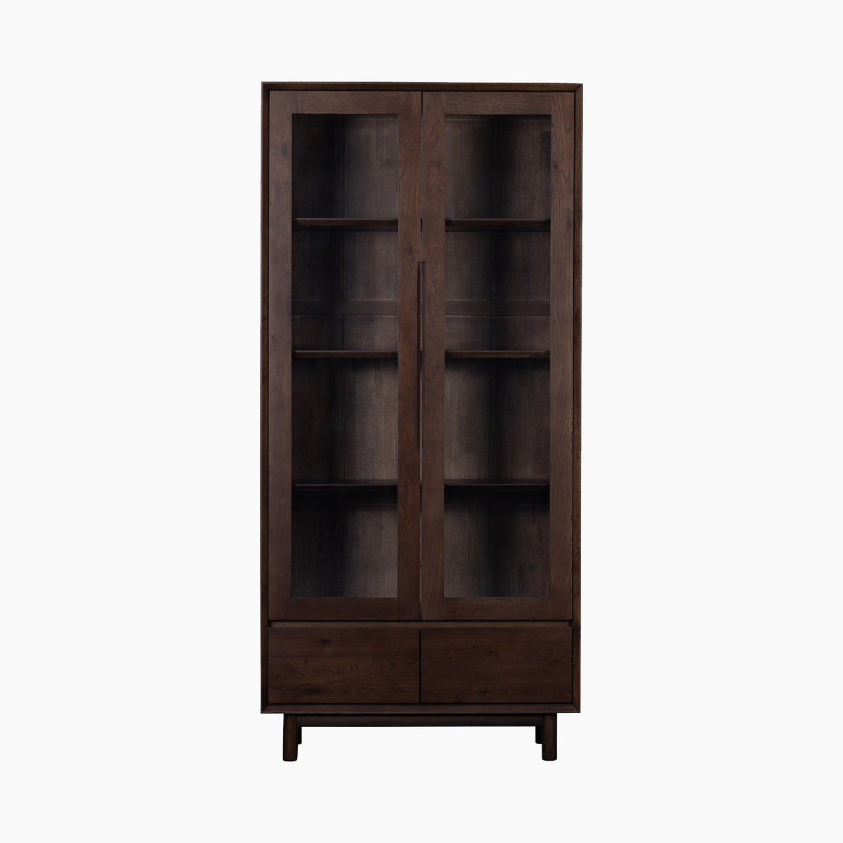 Oslo Display Cabinet in Walnut featuring glass doors, three shelves, and two bottom drawers, shown on a white background.