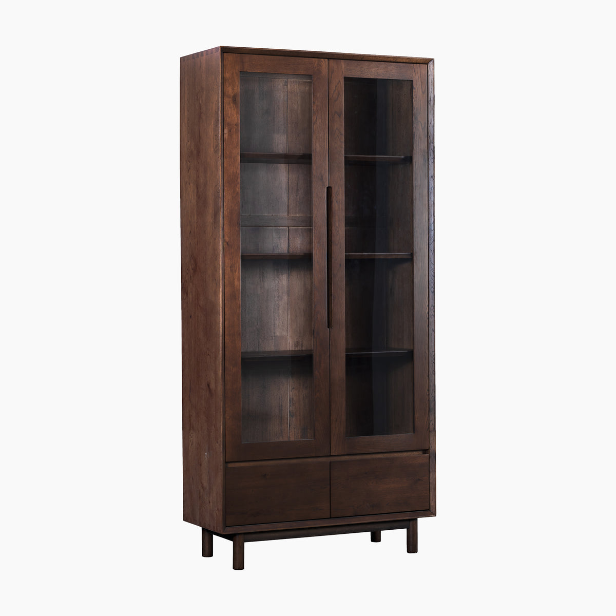 Oslo Display Cabinet in Walnut featuring glass doors, three shelves, two lower drawers, and short legs.