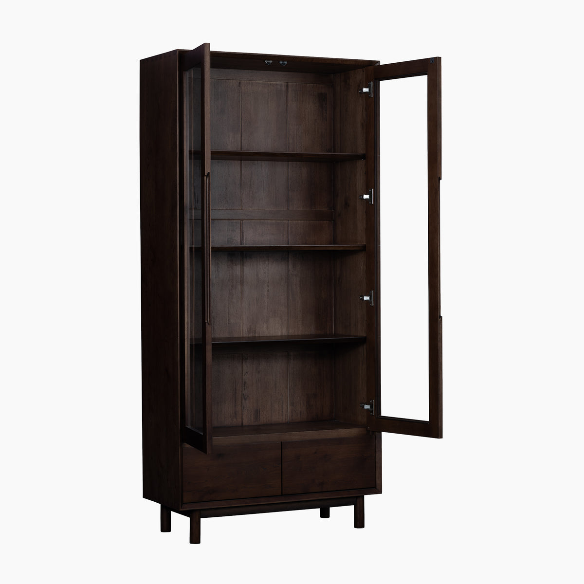 Oslo Display Cabinet in Walnut with glass door open, three shelves, and two drawers at the bottom.
