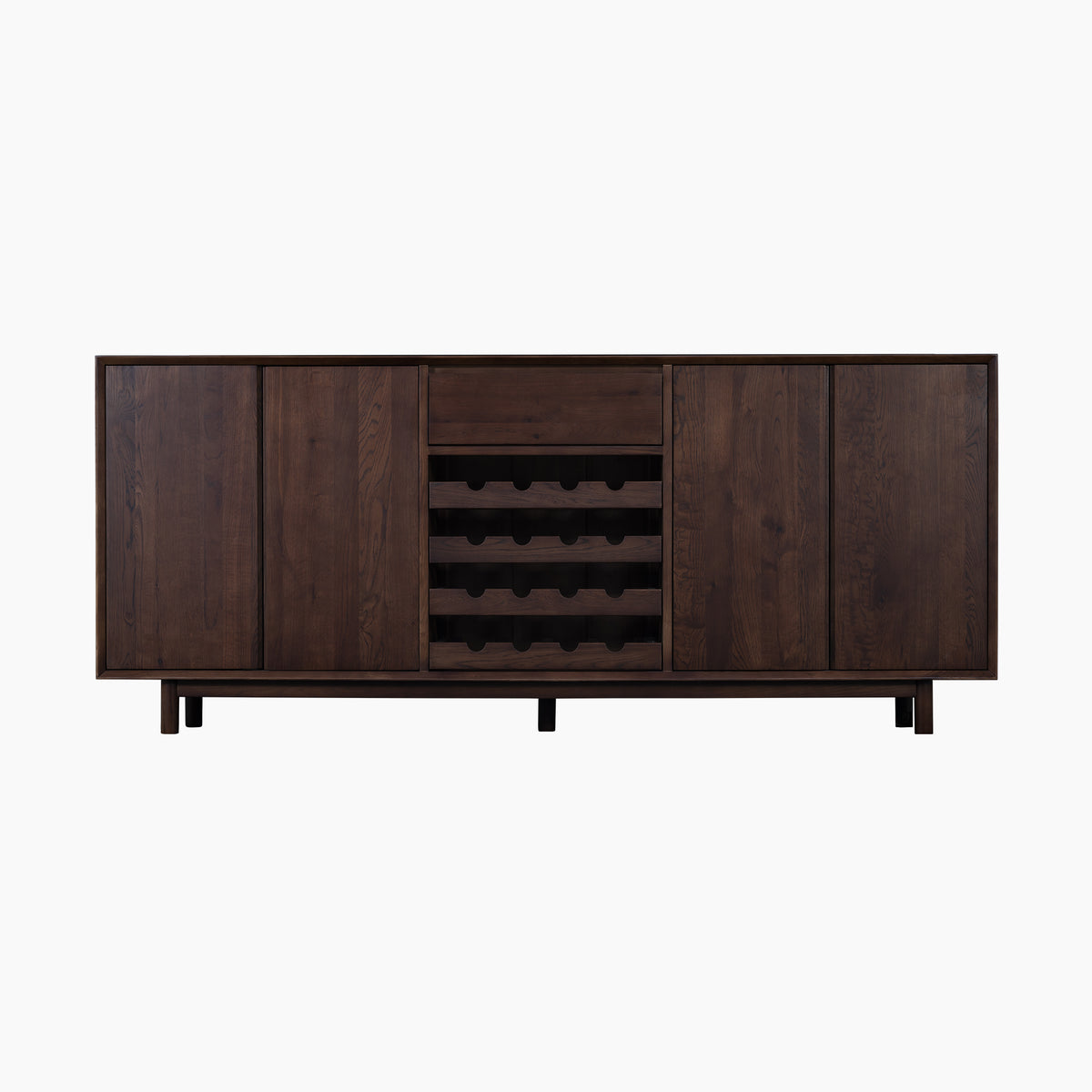 Oslo Grand 4 Door Sideboard with Wine Rack in Walnut, featuring four doors, a central wine rack, and drawer, on short legs, displayed against a white background.