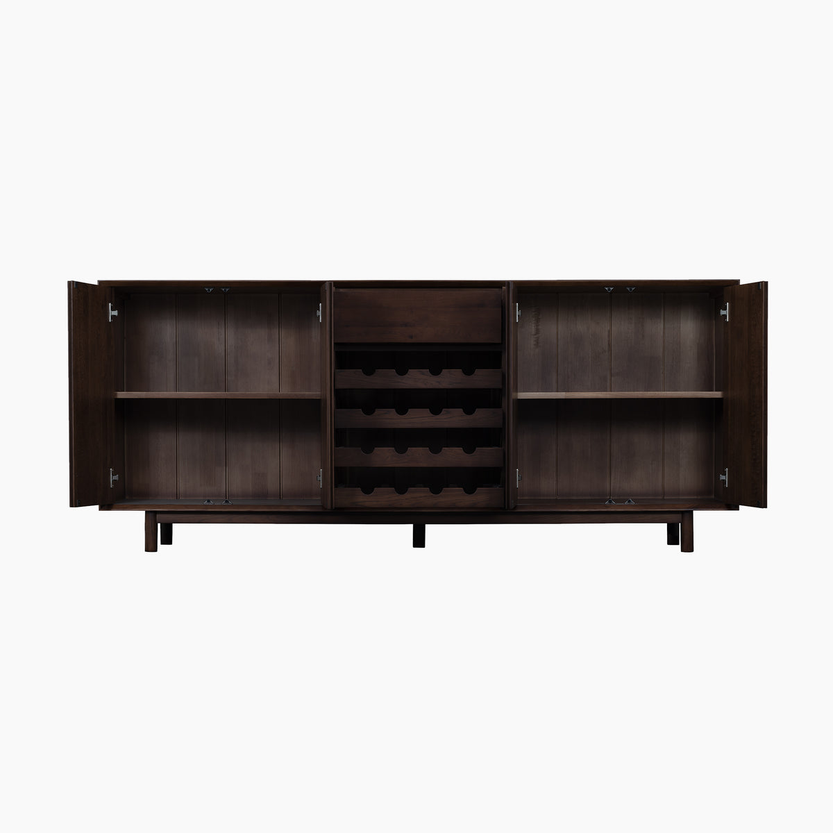 The Oslo Grand 4 Door Sideboard with Wine Rack in Walnut features a dark wood finish and open doors, revealing shelves on each side and a central wine rack for convenient bottle storage. Combining functionality with sophisticated style, this elegant sideboard is the perfect addition to any dining space.