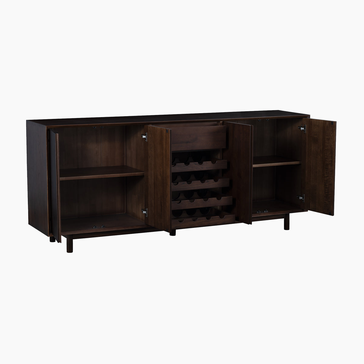 The Oslo Grand 4 Door Sideboard with Wine Rack in Walnut offers stylish functionality for your dining space, with three open doors revealing shelves on the sides and a versatile wine rack storage in the center.