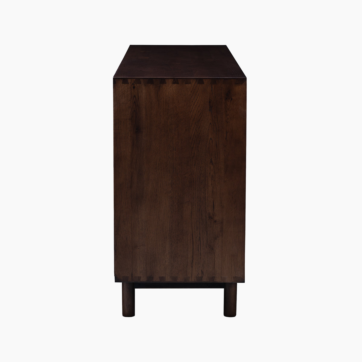 Side view of the Oslo Grand 4 Door Sideboard with Wine Rack in Walnut, featuring dovetail joints and cylindrical legs, against a white background.