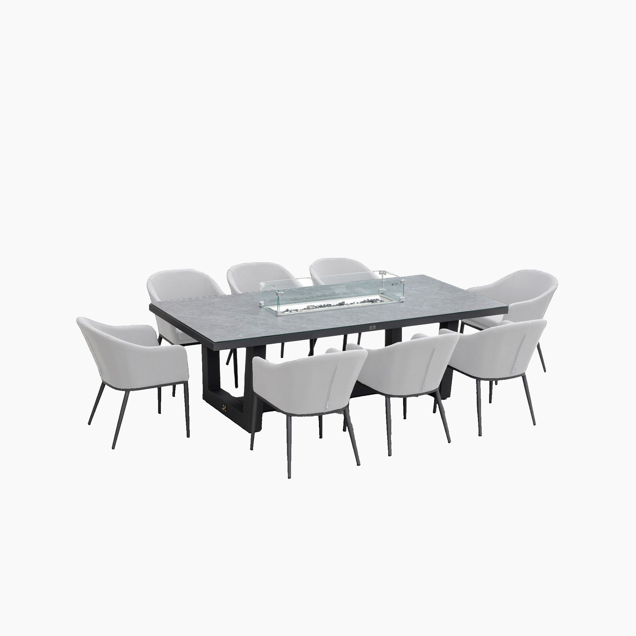 Luna 8 Seat Outdoor Fabric Rectangular Ceramic Firepit Dining Set in Oyster Grey