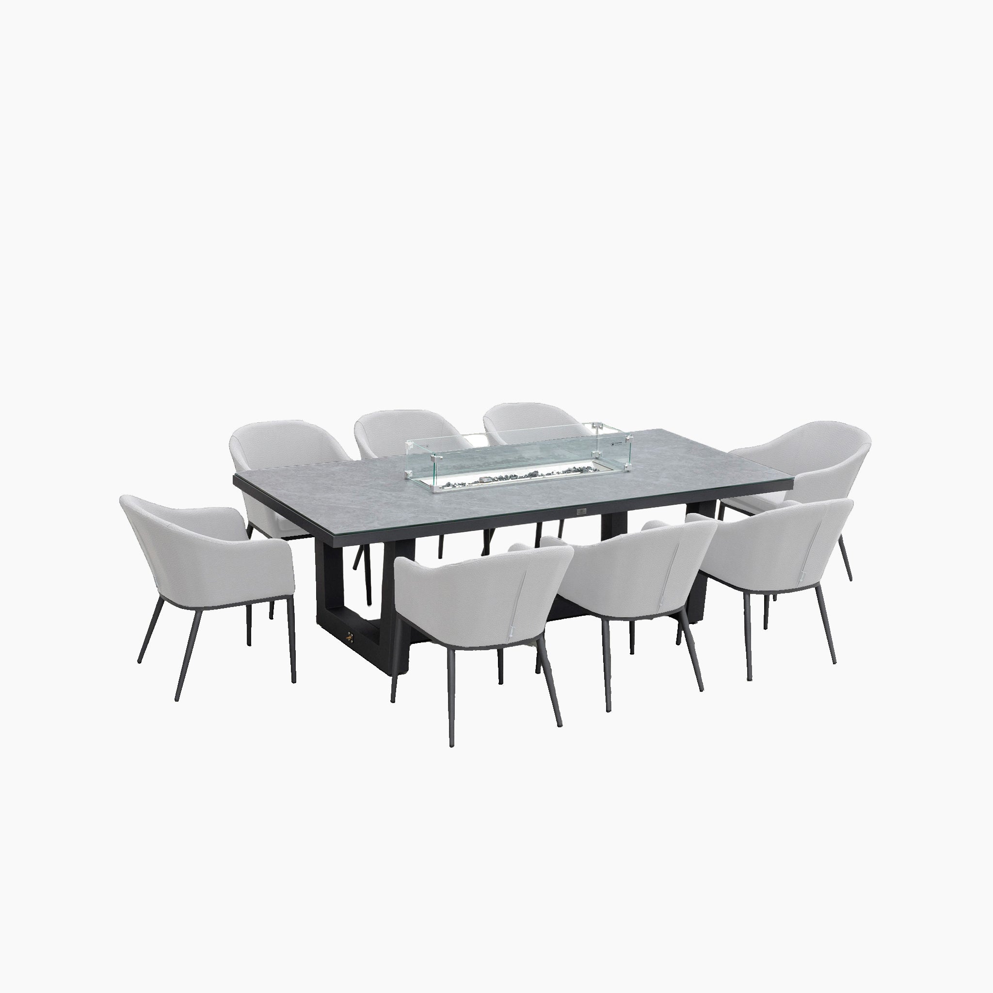 The Luna 8 Seat Outdoor Fabric Rectangular Ceramic Firepit Dining Set in Oyster Grey features a modern dining table with a rectangular ceramic top, surrounded by eight cushioned chairs on a white background. Inspired by the Harbour Lifestyle Luna collection, this set combines elegance and comfort for your dining needs.