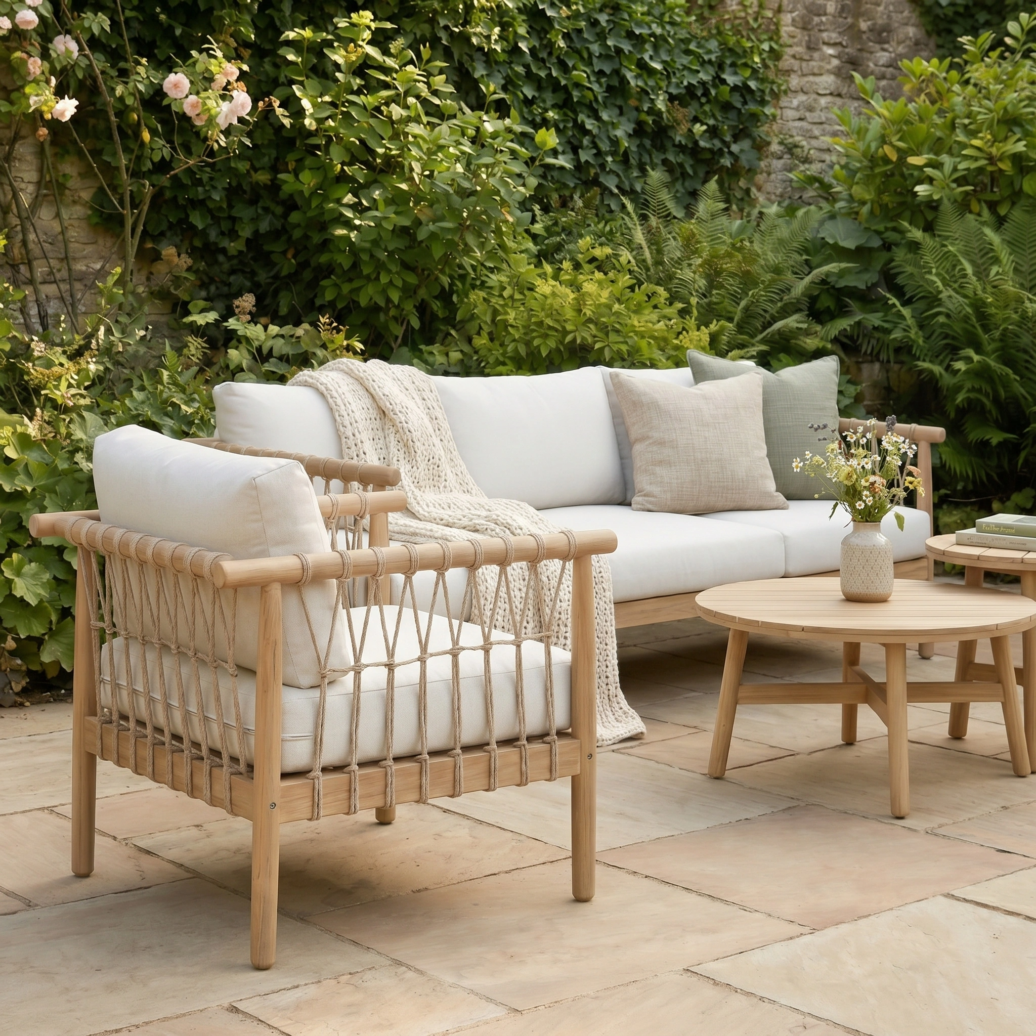 The Paia 3 Seat Sofa Set in Linen features an elegant acacia wood frame, white cushions, and a small round table—perfect for creating a cozy outdoor oasis on your patio surrounded by greenery.