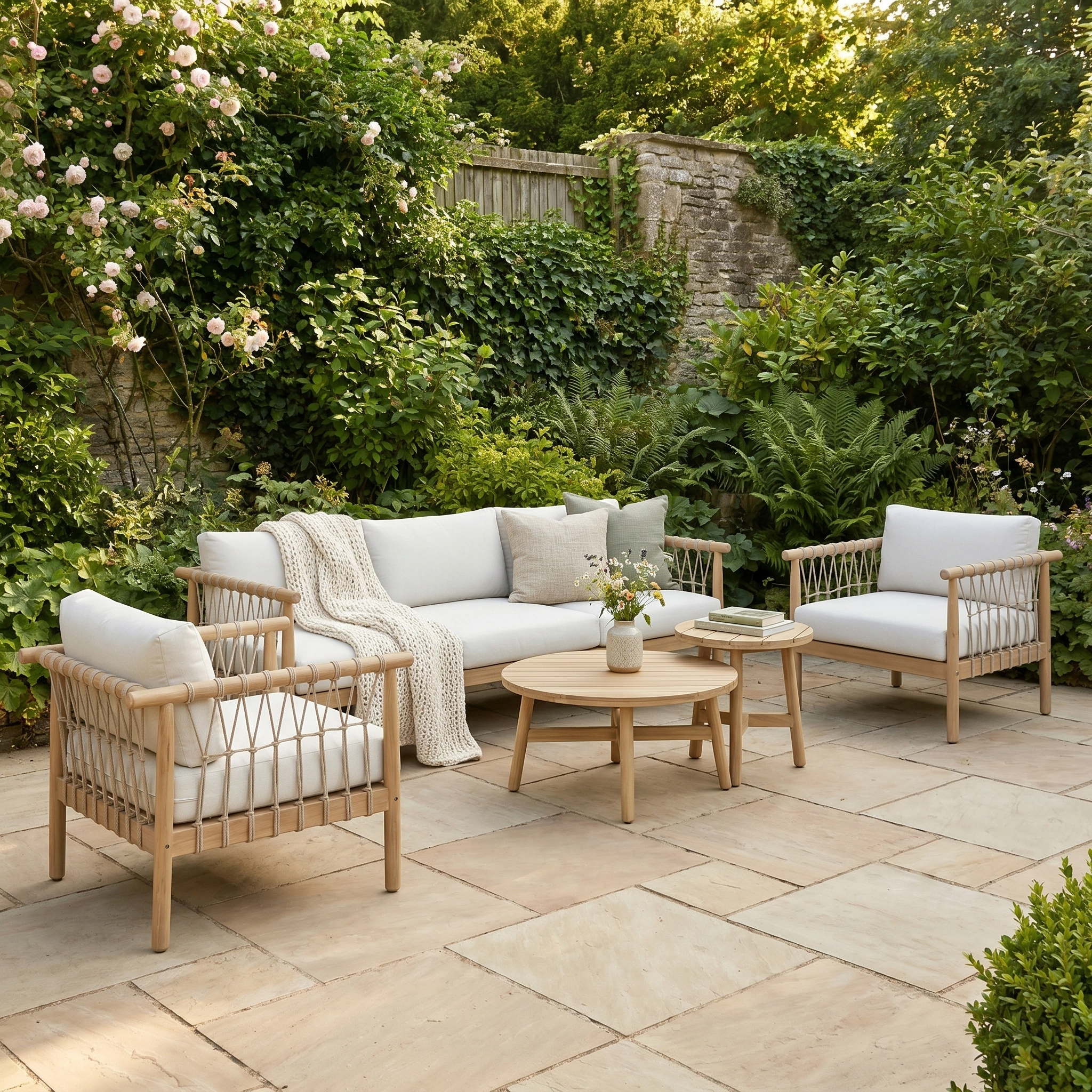 Outdoor patio featuring the Paia 3 Seat Sofa Set in Linen with white cushions and a throw blanket, surrounded by a lush green garden, perfect for relaxing with elegant outdoor furniture.