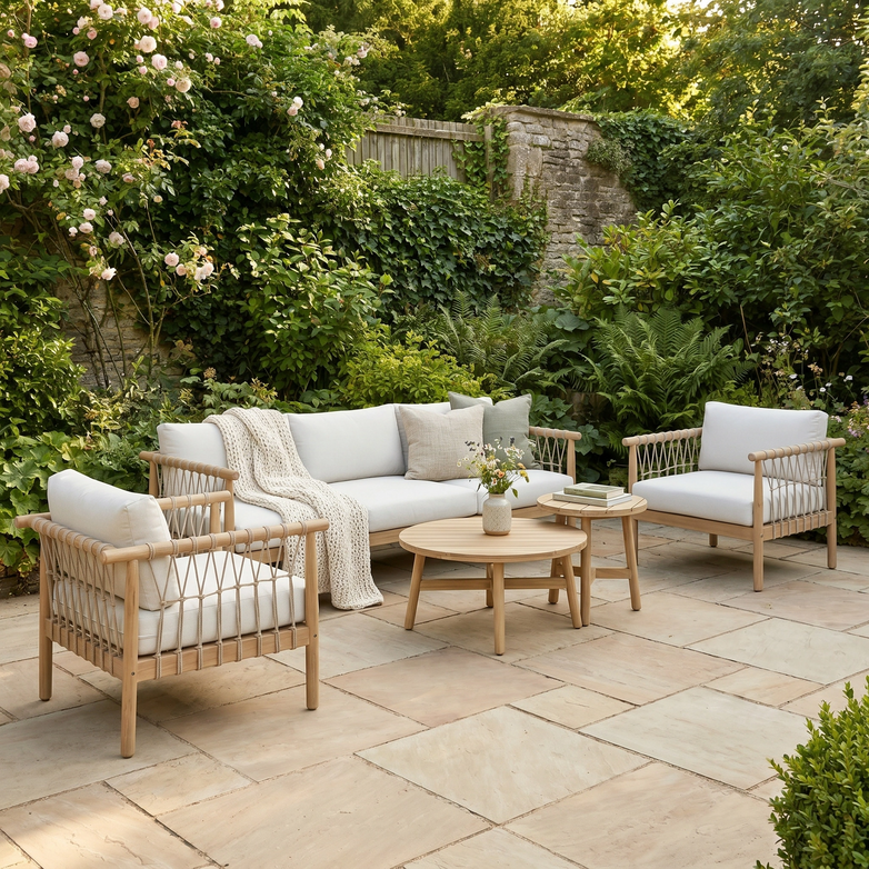 Outdoor patio featuring the Paia 3 Seat Sofa Set in Linen with white cushions and a throw blanket, set against a lush green garden backdrop.