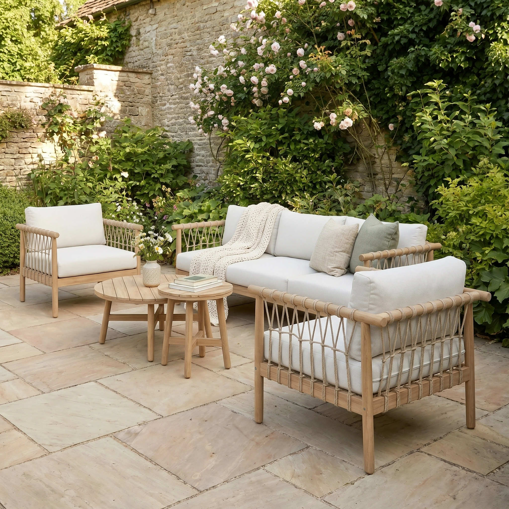 Elegant outdoor patio featuring the Paia 3 Seat Sofa Set in Linen with white cushions, surrounded by plants and flowers along a stone wall for stylish garden furniture.