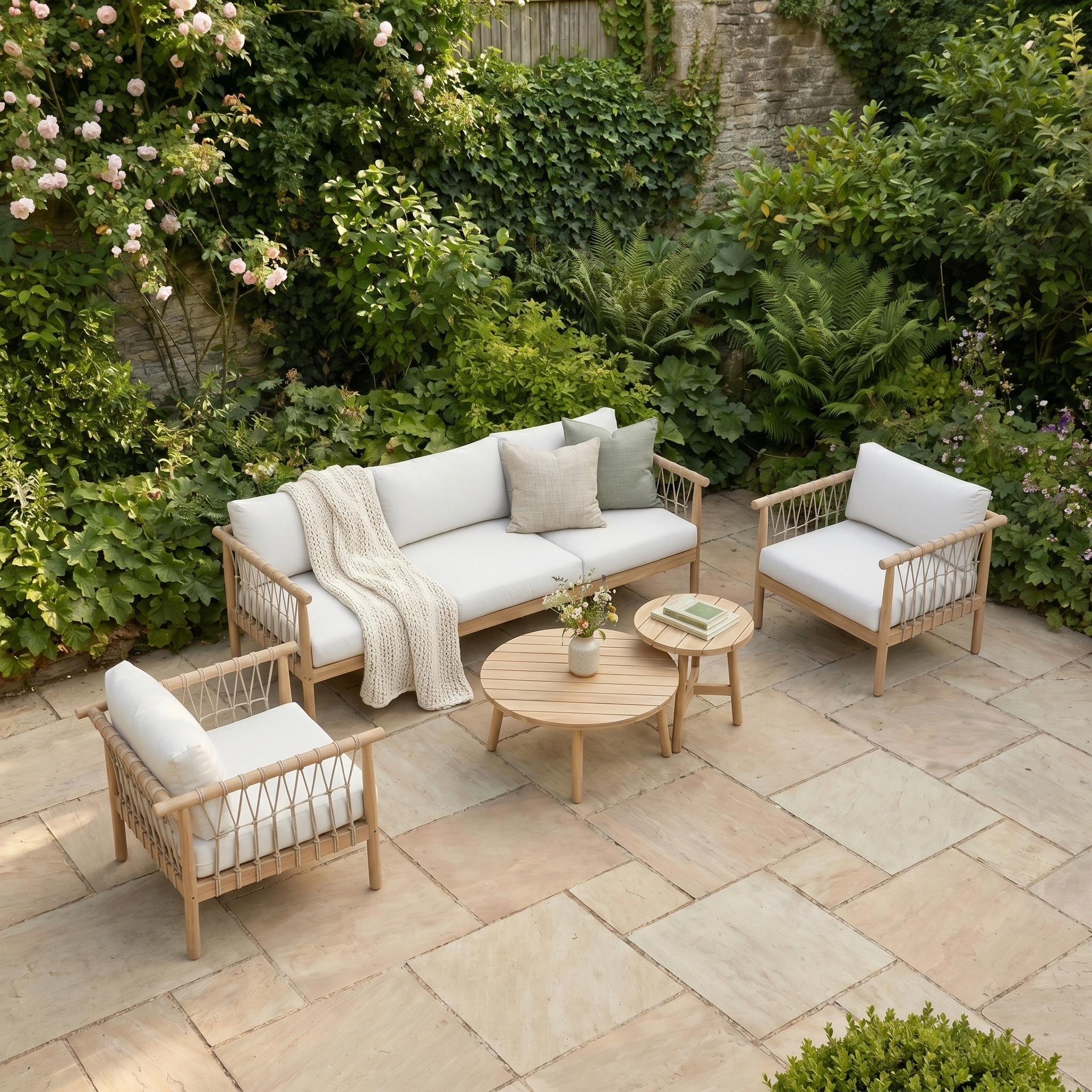 Outdoor patio featuring the Paia 3 Seat Sofa Set in Linen with white cushions, a round table, and lush green plants surrounding the area.