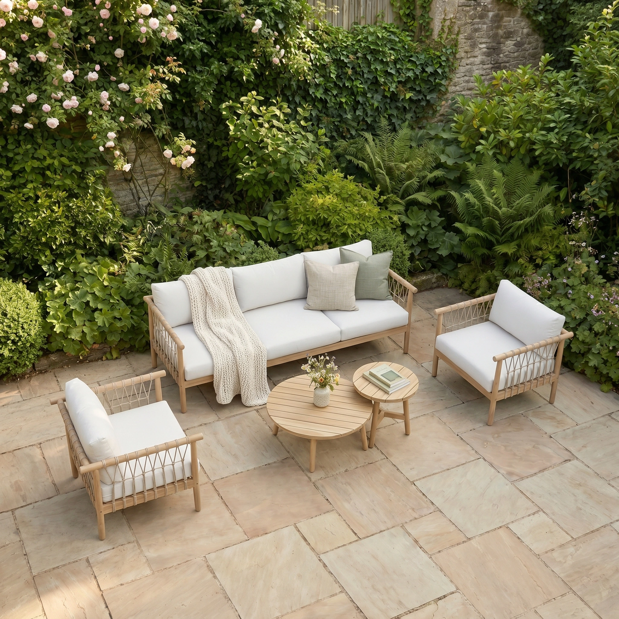 Enjoy the outdoors with the Paia 3 Seat Sofa Set in Linen, two coordinating chairs, round tables, and lush plants around a stone-paved seating area—a stylish and inviting garden furniture retreat.