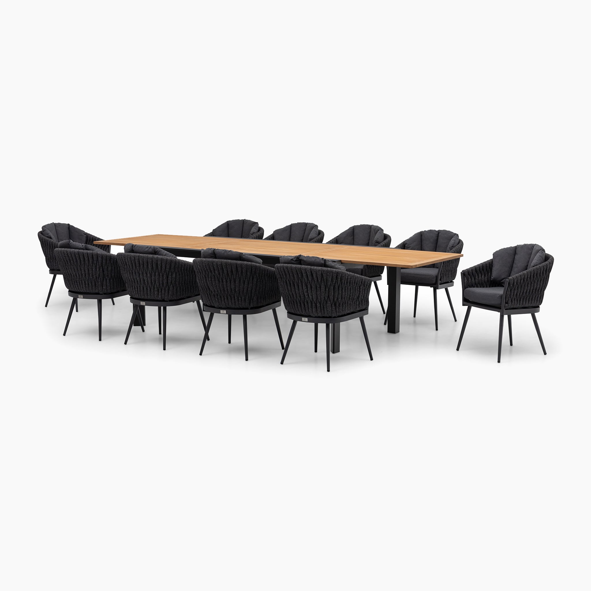 A wooden rectangular table with ten black cushioned chairs arranged around it, set against a white backdrop. The Palma 8 Seat Rope Extending Teak Dining Set in Grey from Harbour Lifestyle combines elegance and durability, making it ideal for any gatherings.