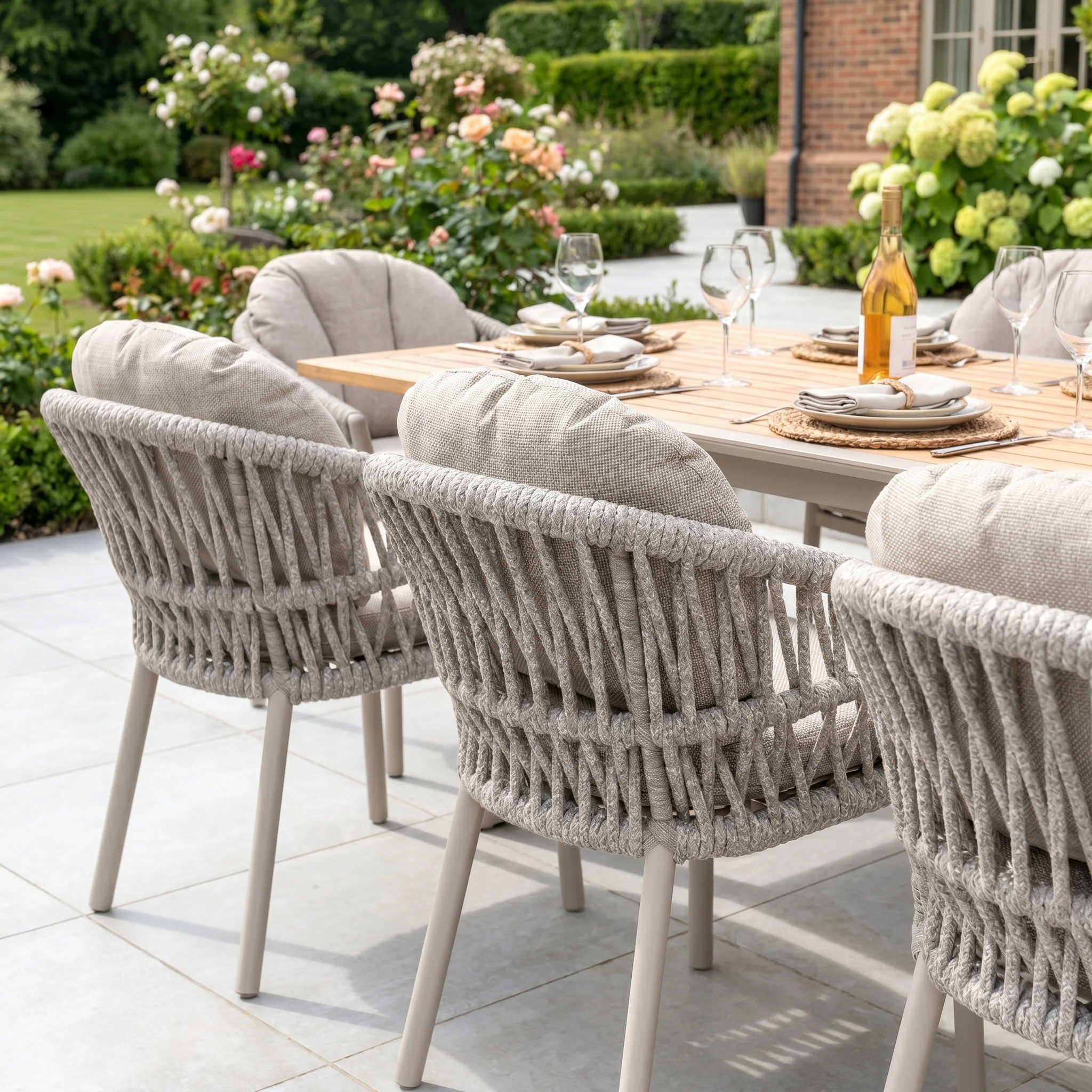 The Pello 10 Seat Extending Dining Set with Teak Table in Fawn features woven chairs and a spacious teak table, perfect for outdoor gatherings in the garden.