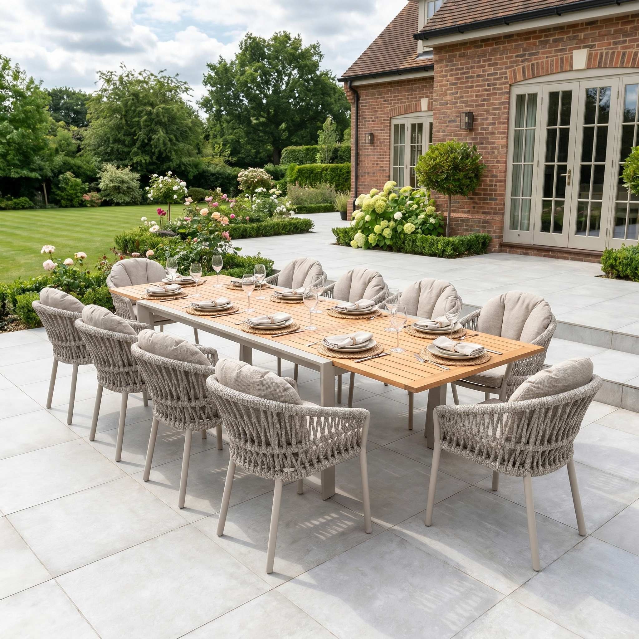 Pello 10 Seat Extending Dining Set with Teak Table in Fawn, featuring cushioned chairs for ten and an extendable teak table, perfect for a patio near a brick house and garden.