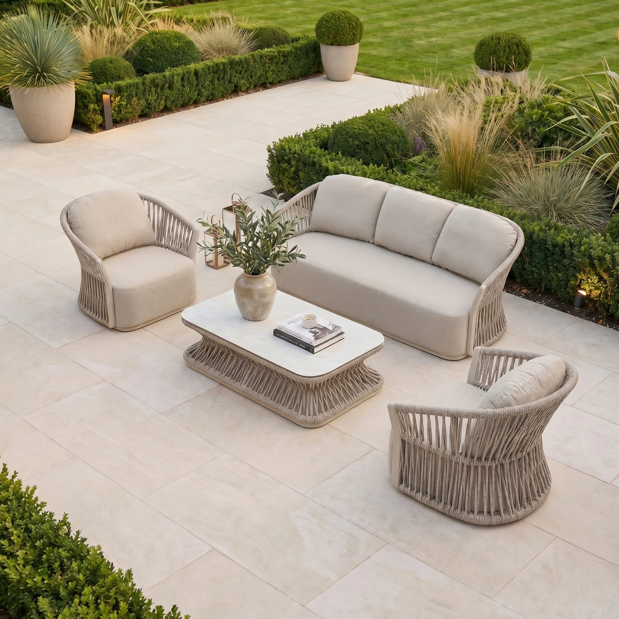 Outdoor patio with the Pello 3 Seat Sofa Set in Fawn featuring quick dry cushions, two armchairs, a coffee table, potted plants, and a manicured garden in the background.