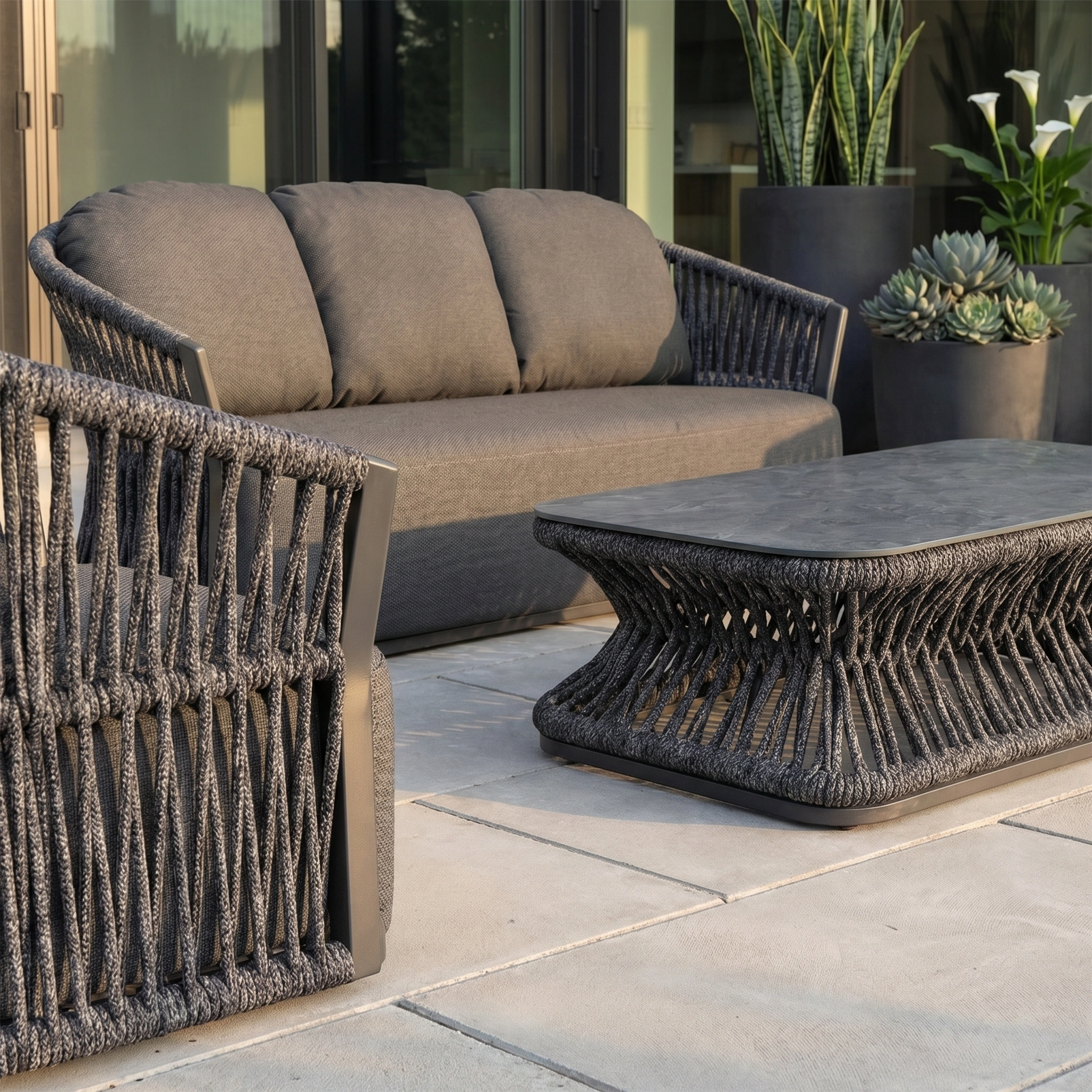 Modern patio featuring the Pello 3 Seat Sofa Set in Grey, complete with armchair, table, and quick dry cushions, all surrounded by potted plants for a stylish outdoor look.