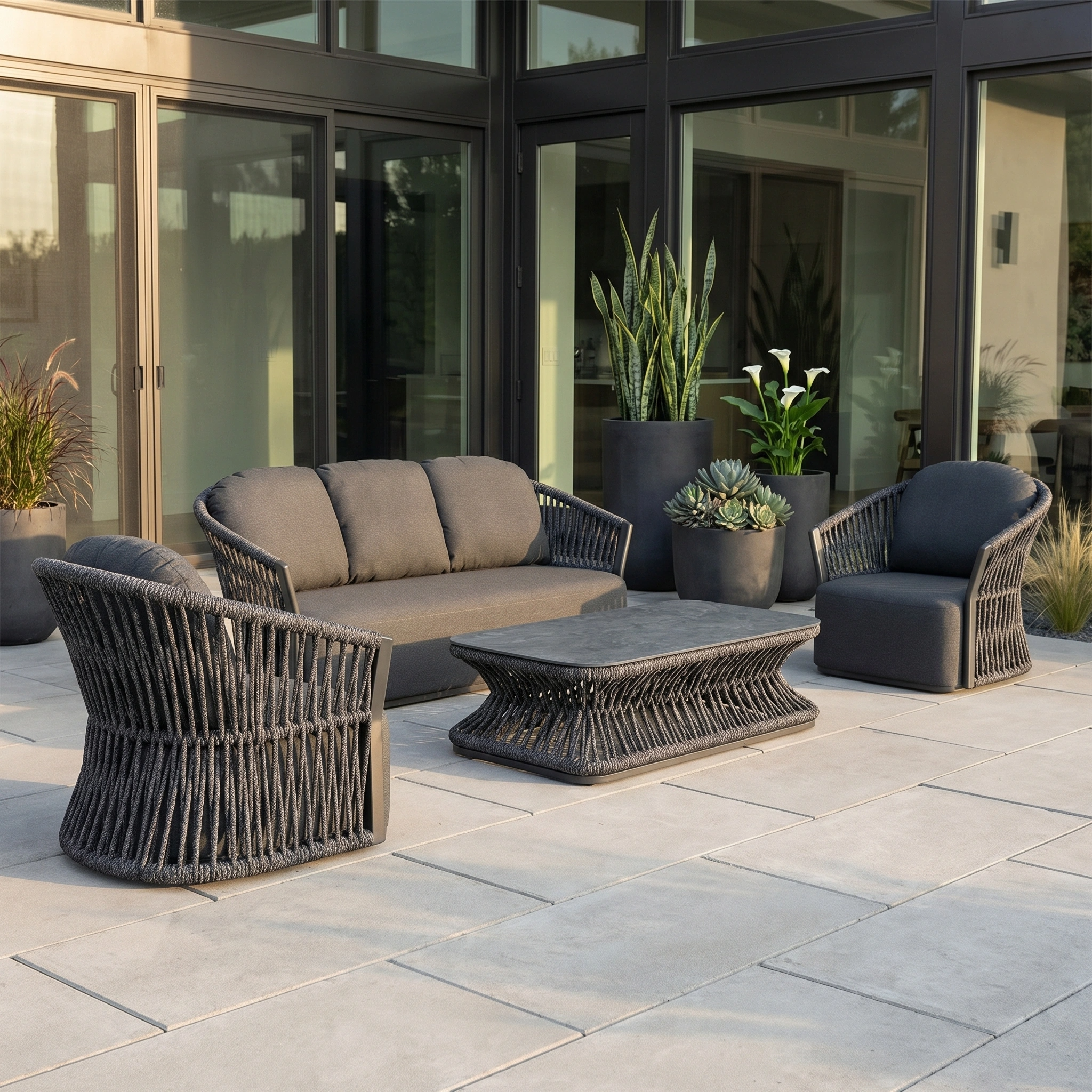 Modern patio with the Pello 3 Seat Sofa Set in Grey featuring quick-dry cushions, a matching coffee table, and lush potted plants near glass doors.