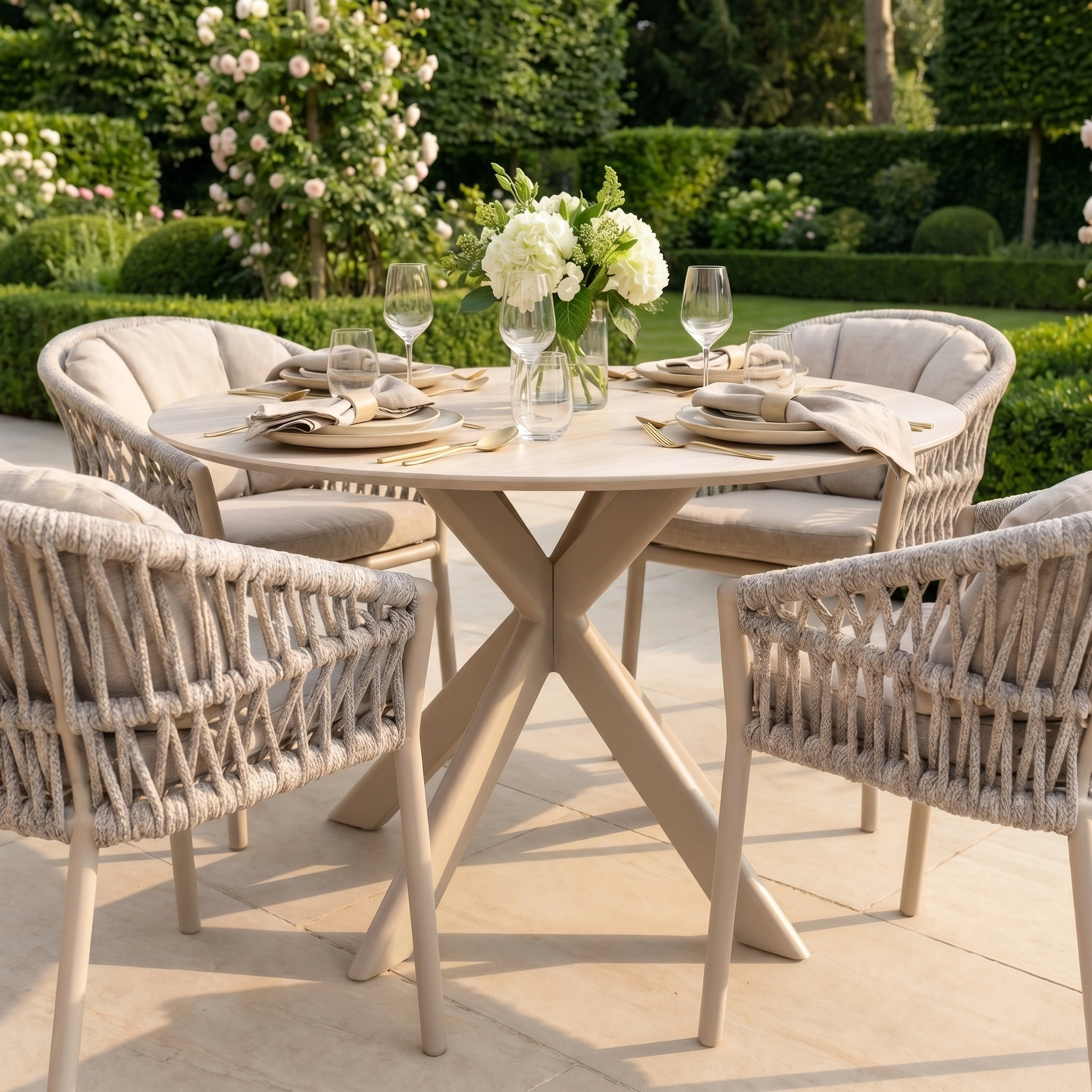 The Pello 4 Seat Round Dining Set with Albatross Table in Fawn features cushioned chairs and a stylish table, beautifully arranged for outdoor dining in a lush garden setting.