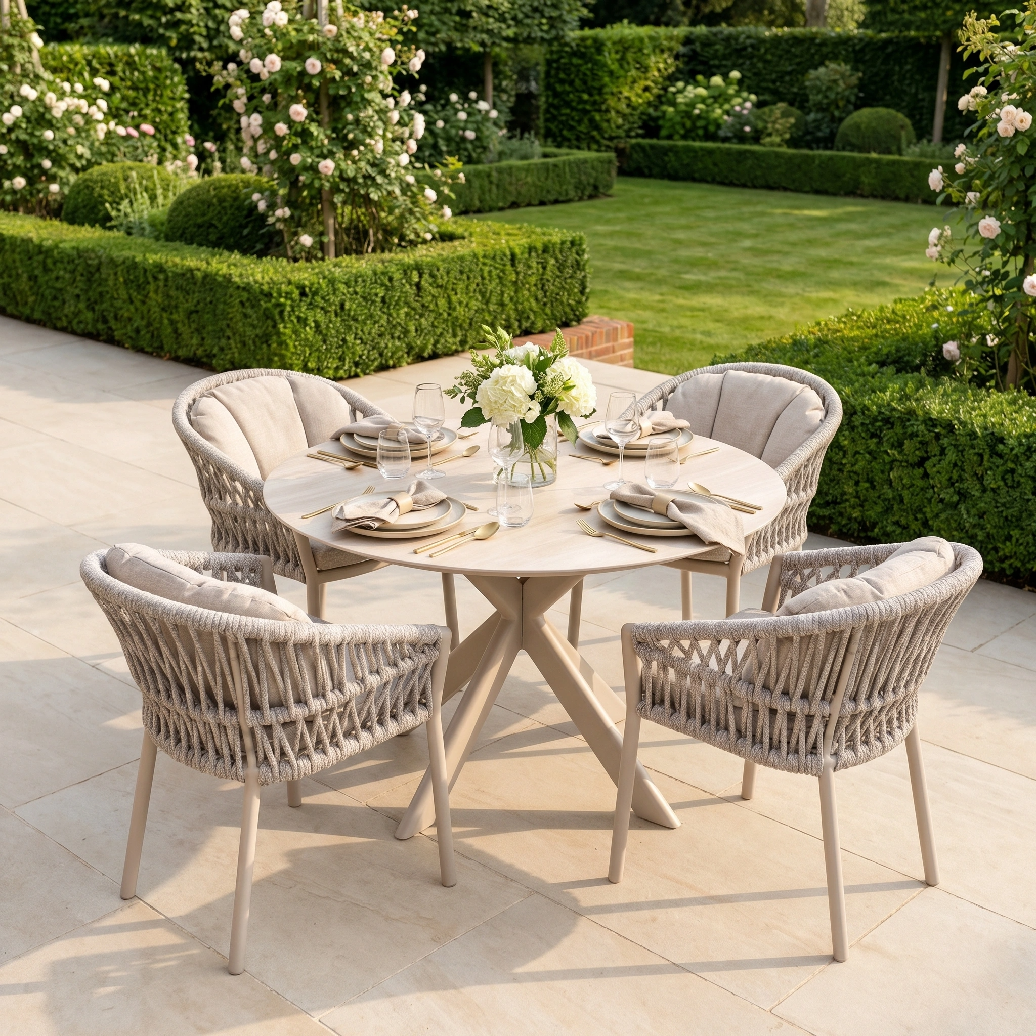 The Pello 4 Seat Round Dining Set with Albatross Table in Fawn offers stylish outdoor dining, perfect for gatherings in a garden setting.