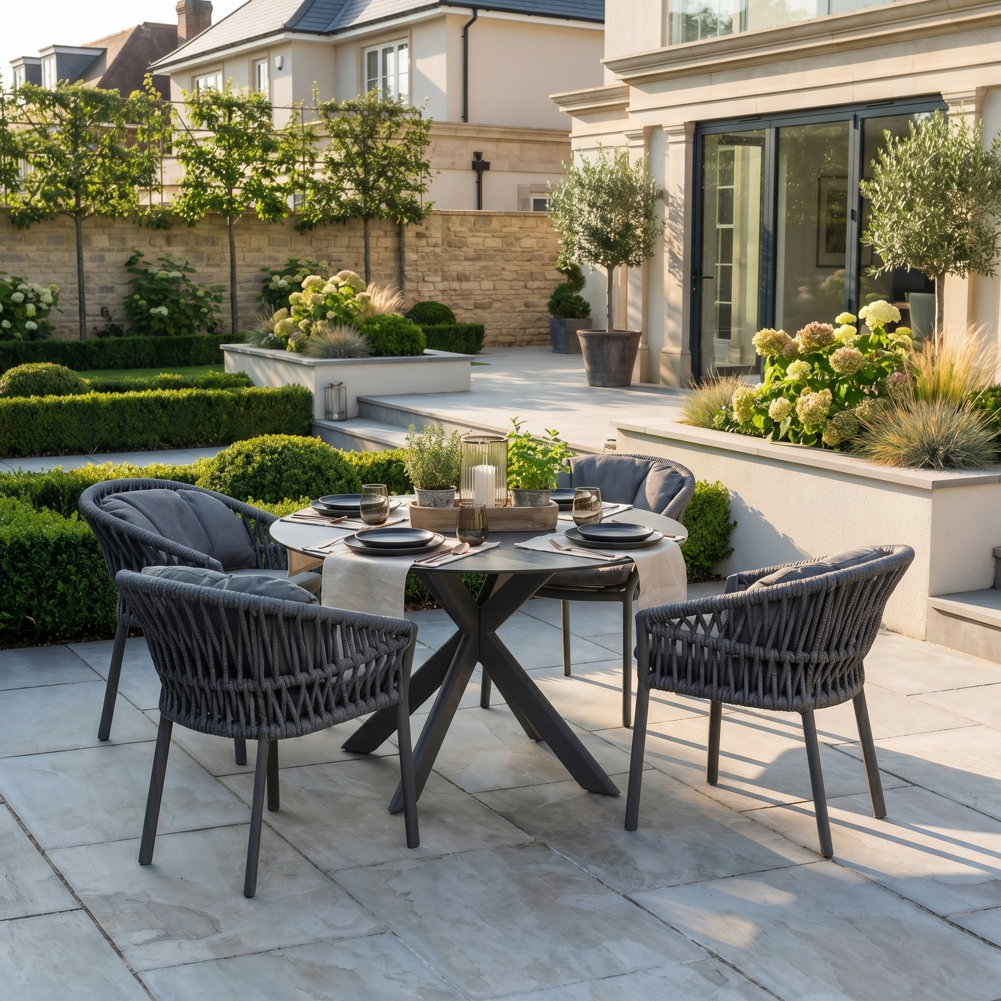 Modern patio featuring a Pello 4 Seat Round Dining Set with Albatross Table in Grey, surrounded by four chairs and lush greenery in a landscaped garden setting.