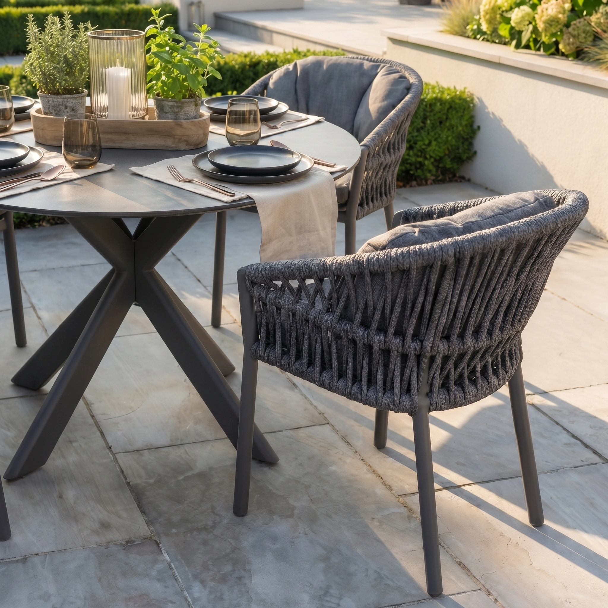The Pello 4 Seat Round Dining Set with Albatross Table in Grey, complete with woven chairs, brings inviting charm to your patio—perfect for outdoor meals and elegantly decorated with potted herbs and candles.
