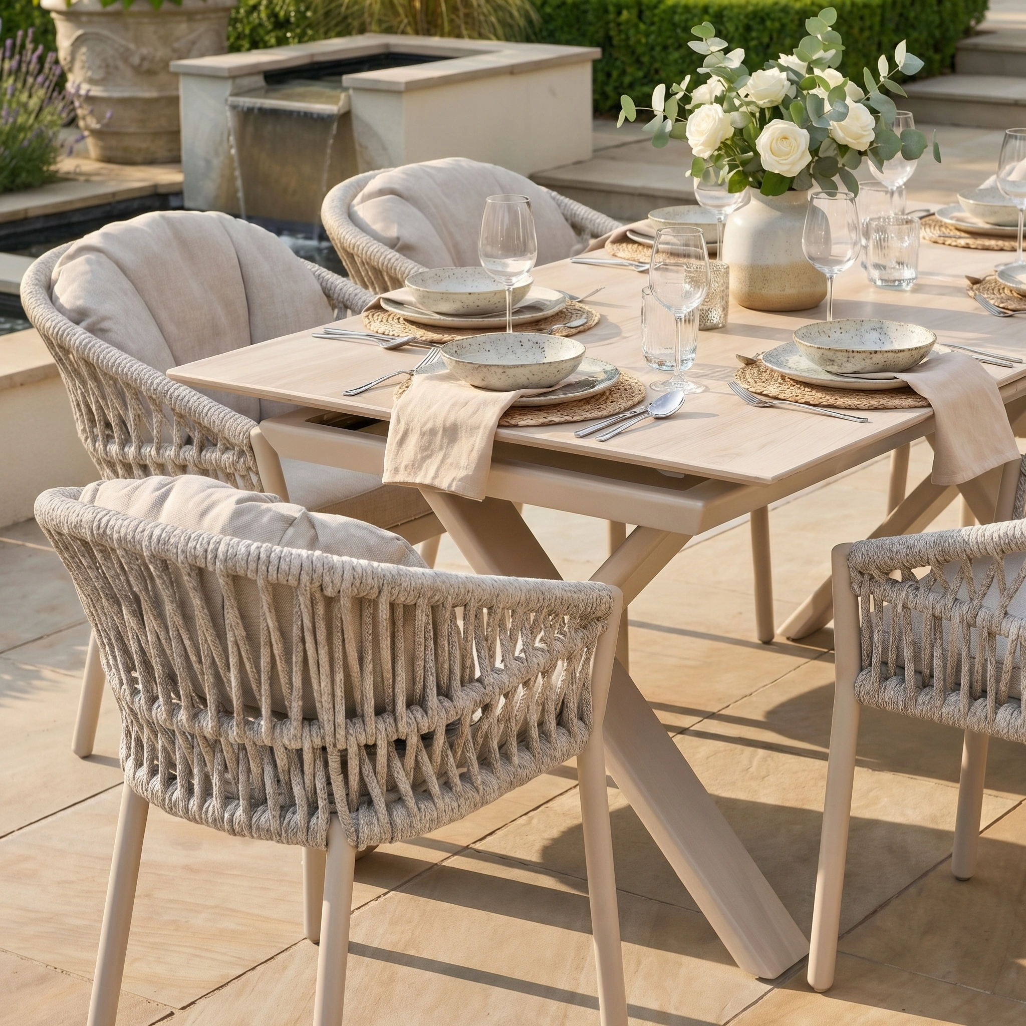 Host stylish gatherings with the Pello 6 Seat Dining Set featuring the Albatross Extending Table in Fawn—includes chairs, a spacious table, and elegant accents for perfect outdoor dining.