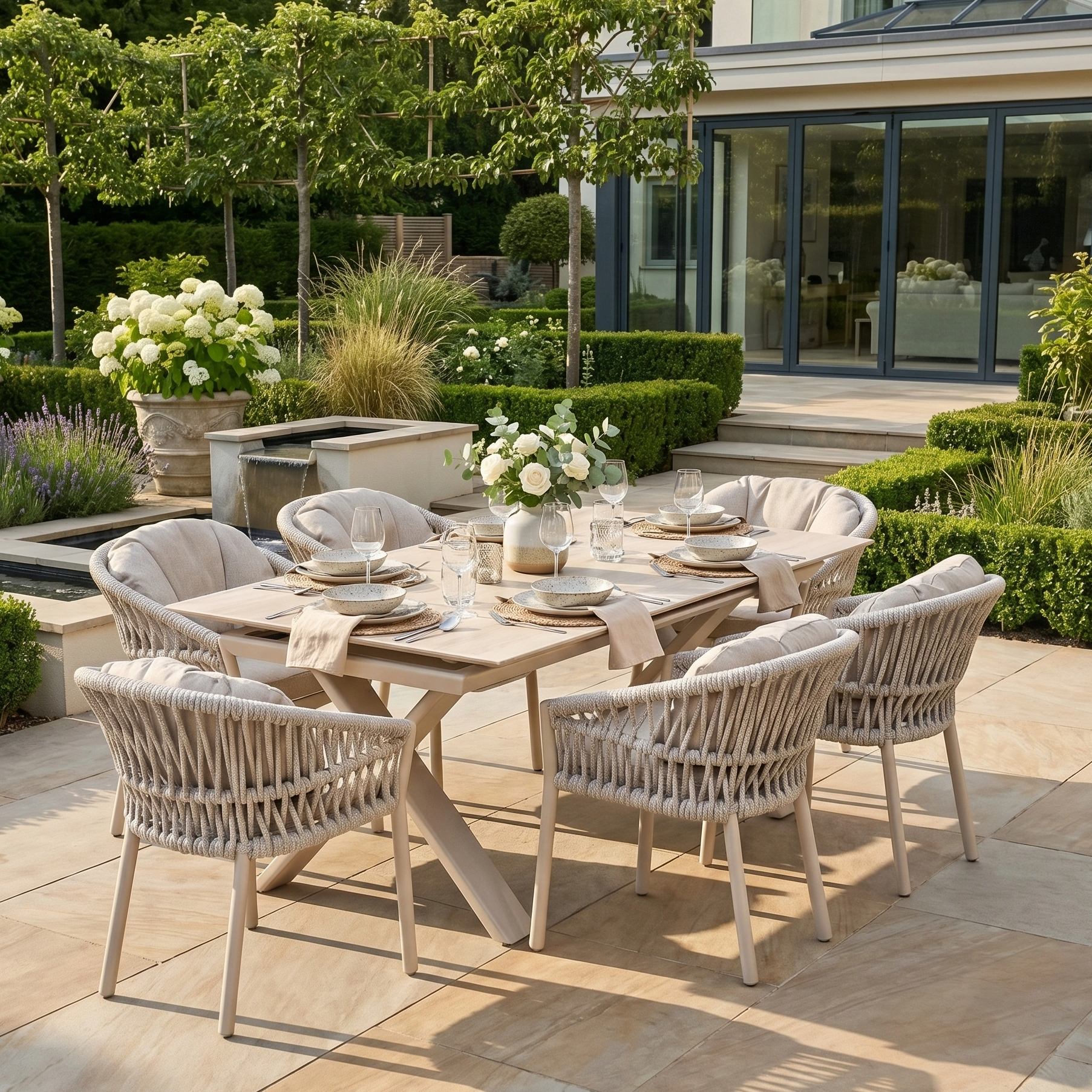The Pello 6 Seat Dining Set with Albatross Extending Table in Fawn offers stylish and comfortable outdoor dining, featuring neutral-toned chairs and a spacious table—ideal for garden patio gatherings.
