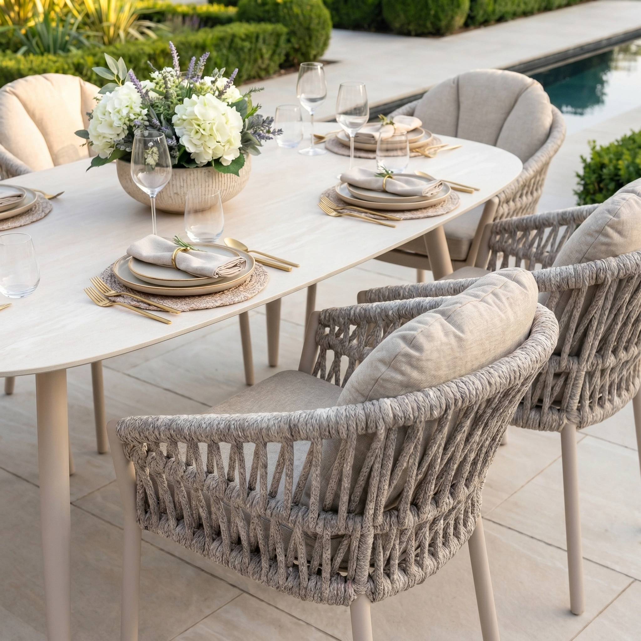 The Pello 6 Seat Oval Dining Set with Ceramic Table in Fawn is perfect for stylish alfresco dining by the pool, featuring weather-resistant design ideal for garden gatherings and outdoor meals.