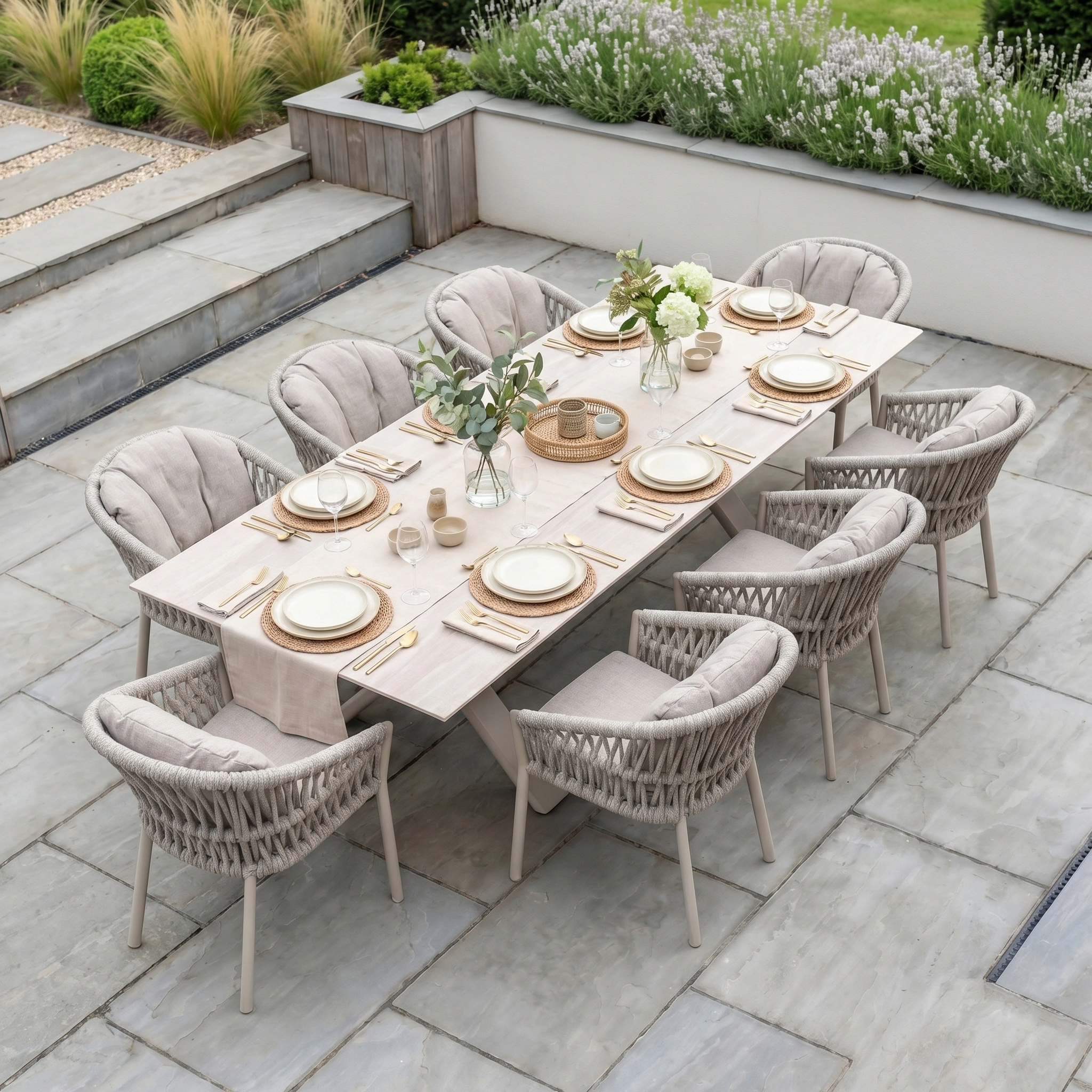 The Pello 8 Seat Dining Set with Albatross Extending Table in Fawn includes eight chairs and a spacious table, perfect for stylish outdoor dining.