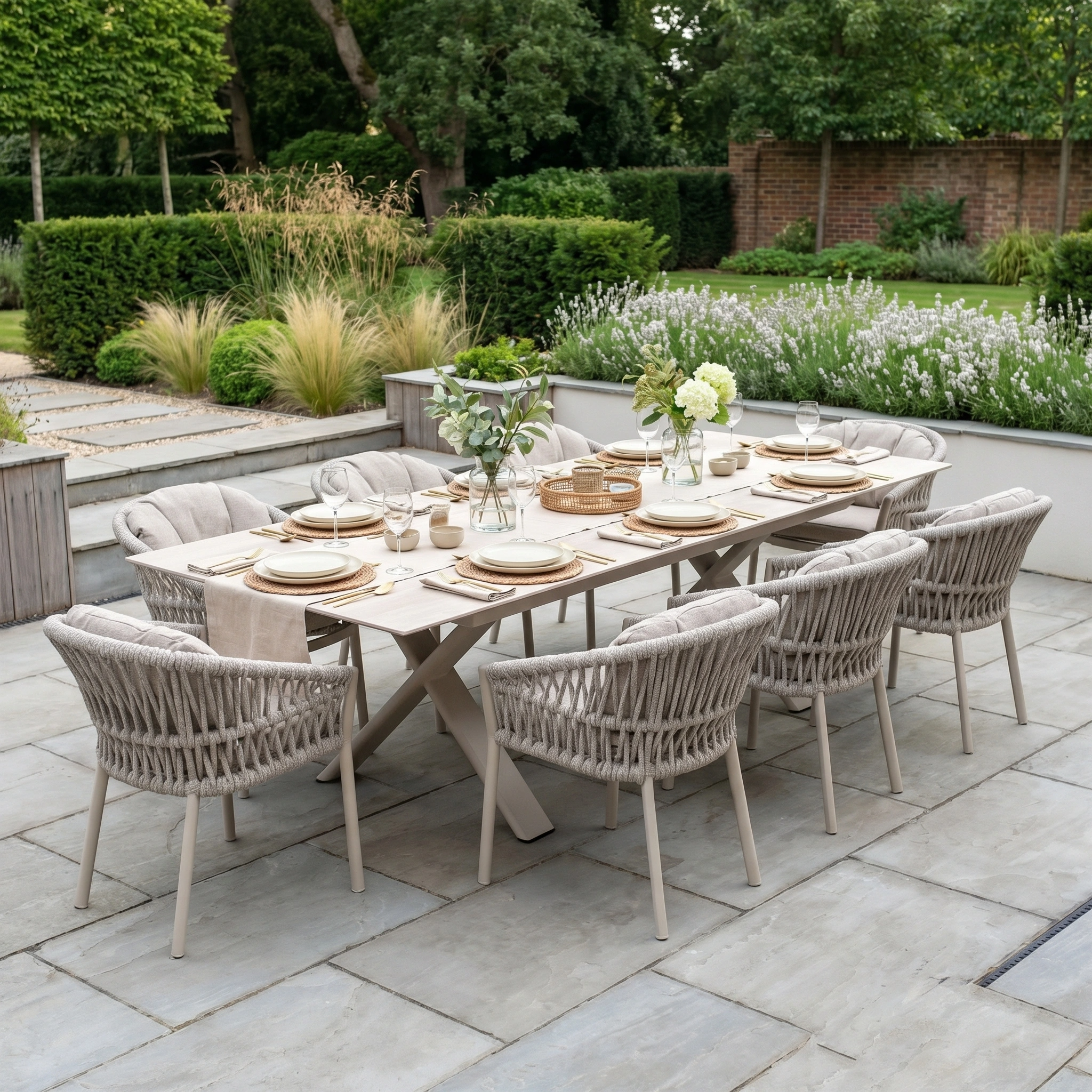 Enjoy alfresco dining with the Pello 8 Seat Dining Set, featuring the Albatross Extending Table in Fawn and eight chairs—perfect for your patio amid lush garden greenery.