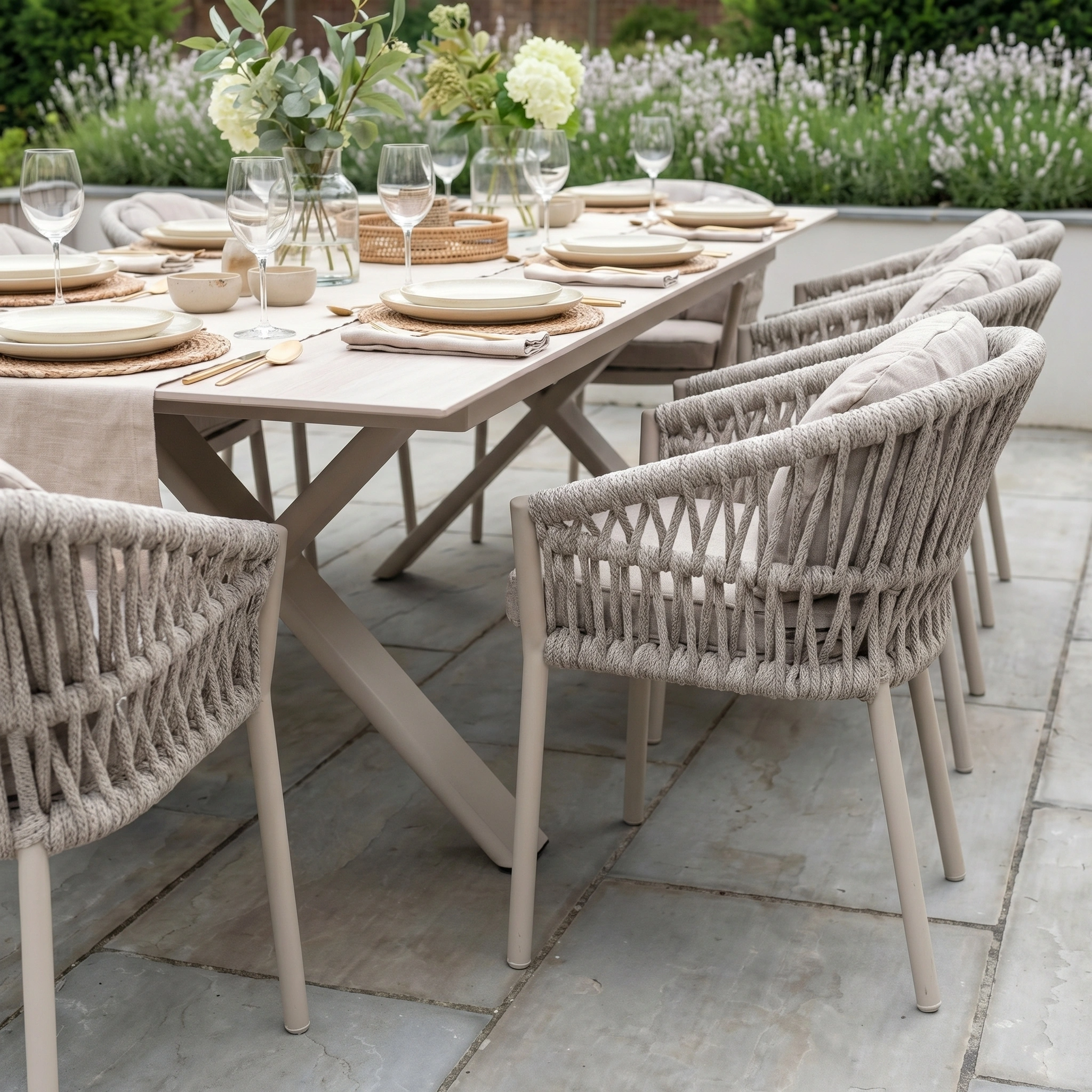 Enjoy memorable alfresco meals with the Pello 8 Seat Dining Set featuring the Albatross Extending Table in Fawn—perfect for outdoor gatherings and stylish patio dining experiences.