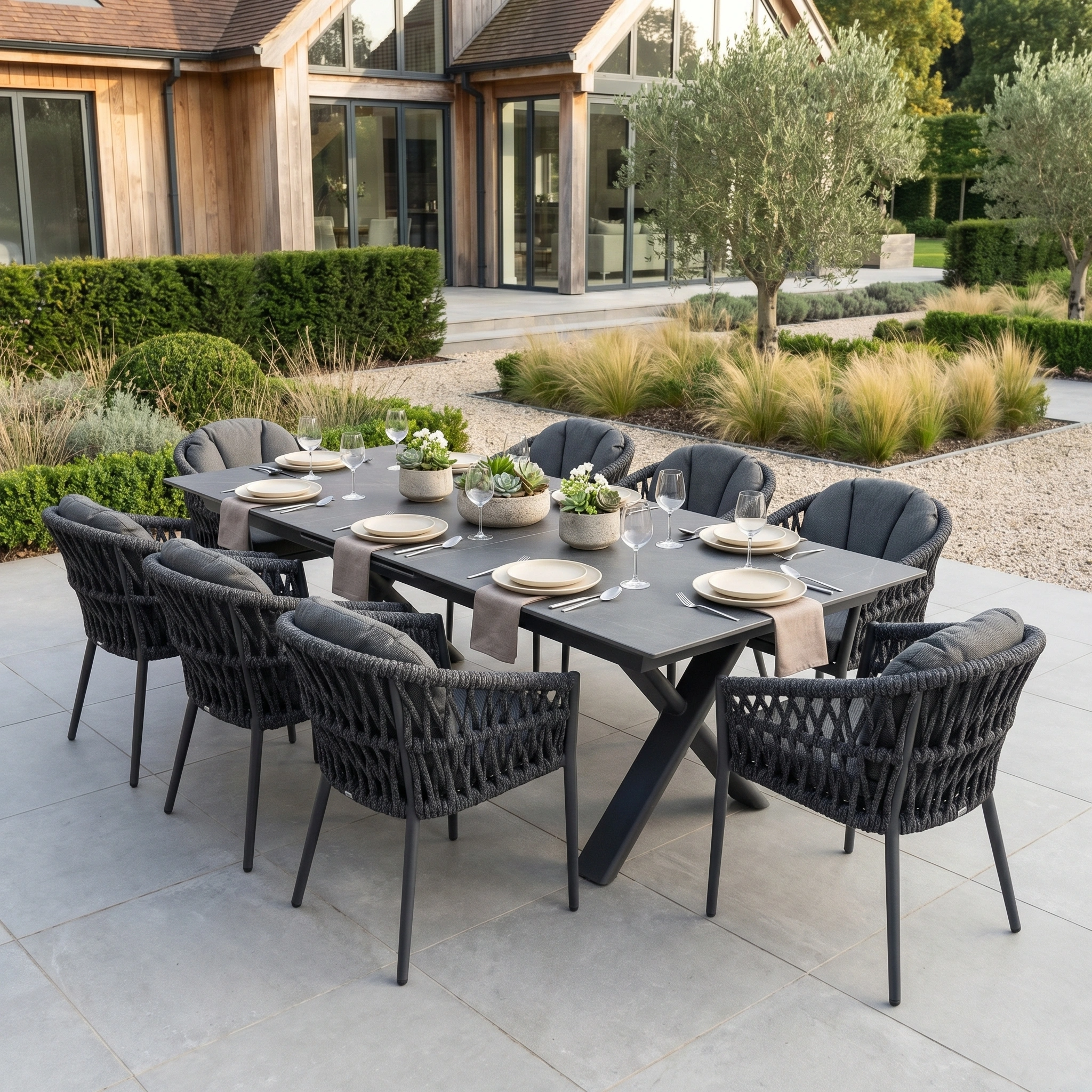 The Pello 8 Seat Dining Set with Albatross Extending Table in Grey is arranged for dining on a landscaped garden patio beside a house.