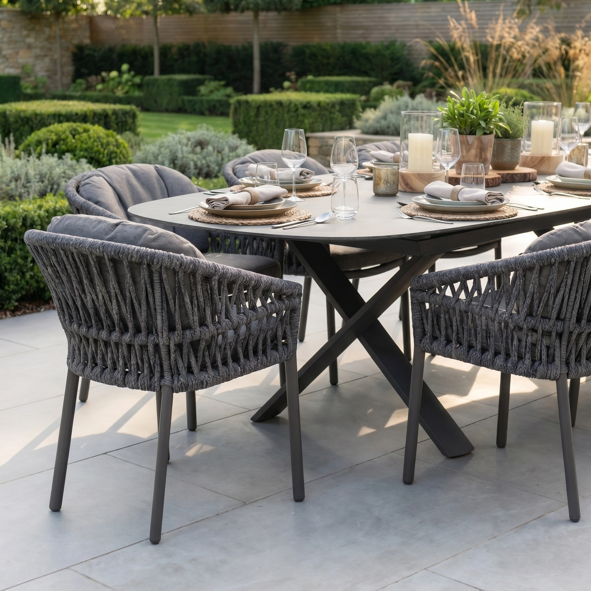 The Pello 8 Seat Oval Dining Set with Albatross Extending Table in Grey is a stylish, weather-resistant outdoor set ideal for al fresco dining in your landscaped garden.