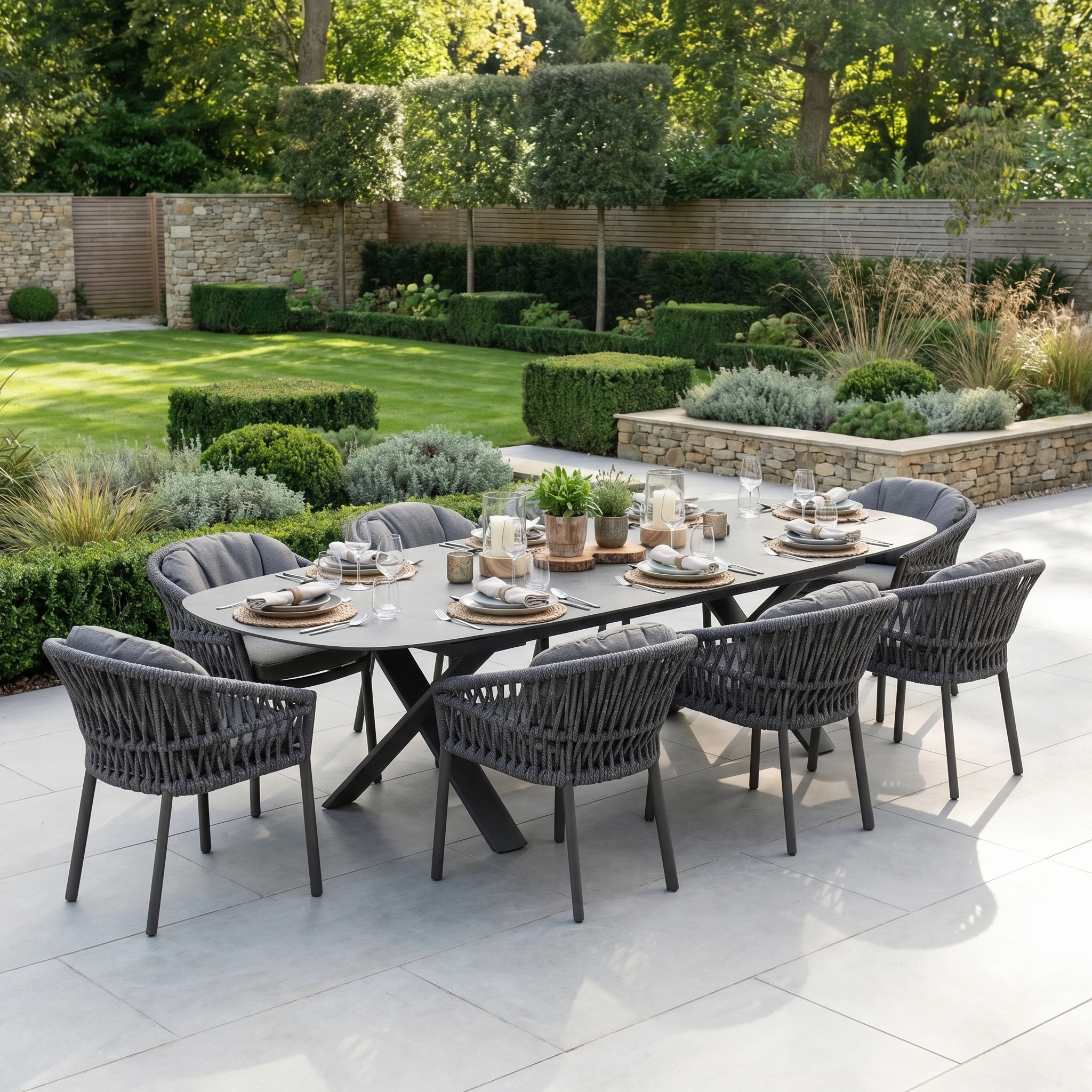 The Pello 8 Seat Oval Dining Set with Albatross Extending Table in Grey features weather-resistant furniture and eight chairs, perfect for outdoor patios and garden settings.