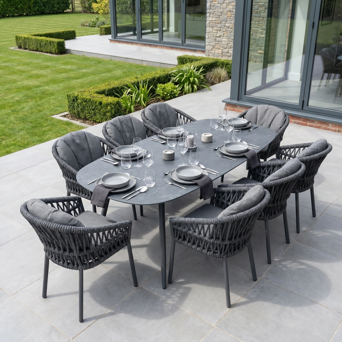 Pello Table Pello 8 Seat Oval Dining Set with Ceramic Table in Grey