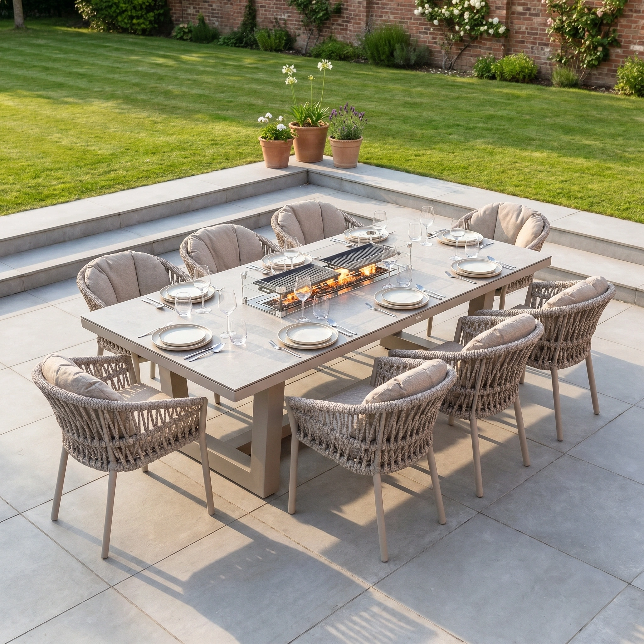 The Pello 8 Seat Rectangular Ceramic Firepit Dining Set in Fawn offers weather-resistant comfort for patio dining with a built-in ceramic firepit, ideal for gatherings overlooking a grassy lawn.