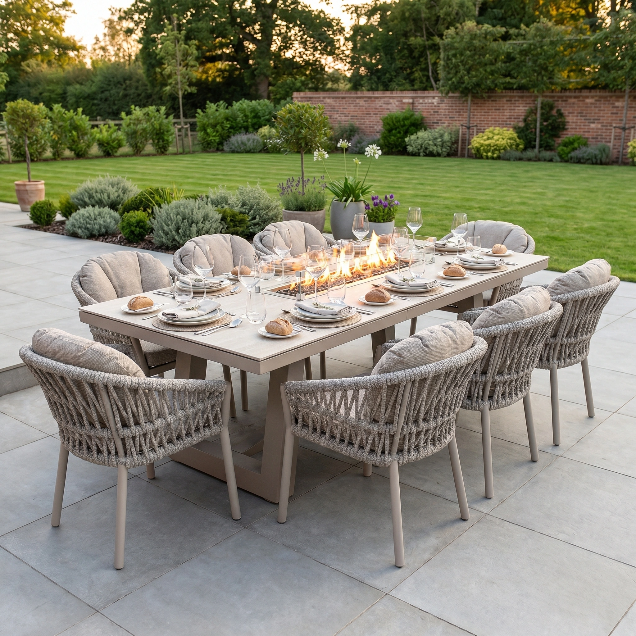 The Pello 8 Seat Rectangular Ceramic Firepit Dining Set in Fawn features a weather-resistant design with eight cushioned chairs and a ceramic table with a built-in firepit, perfect for stylish outdoor patio dining.
