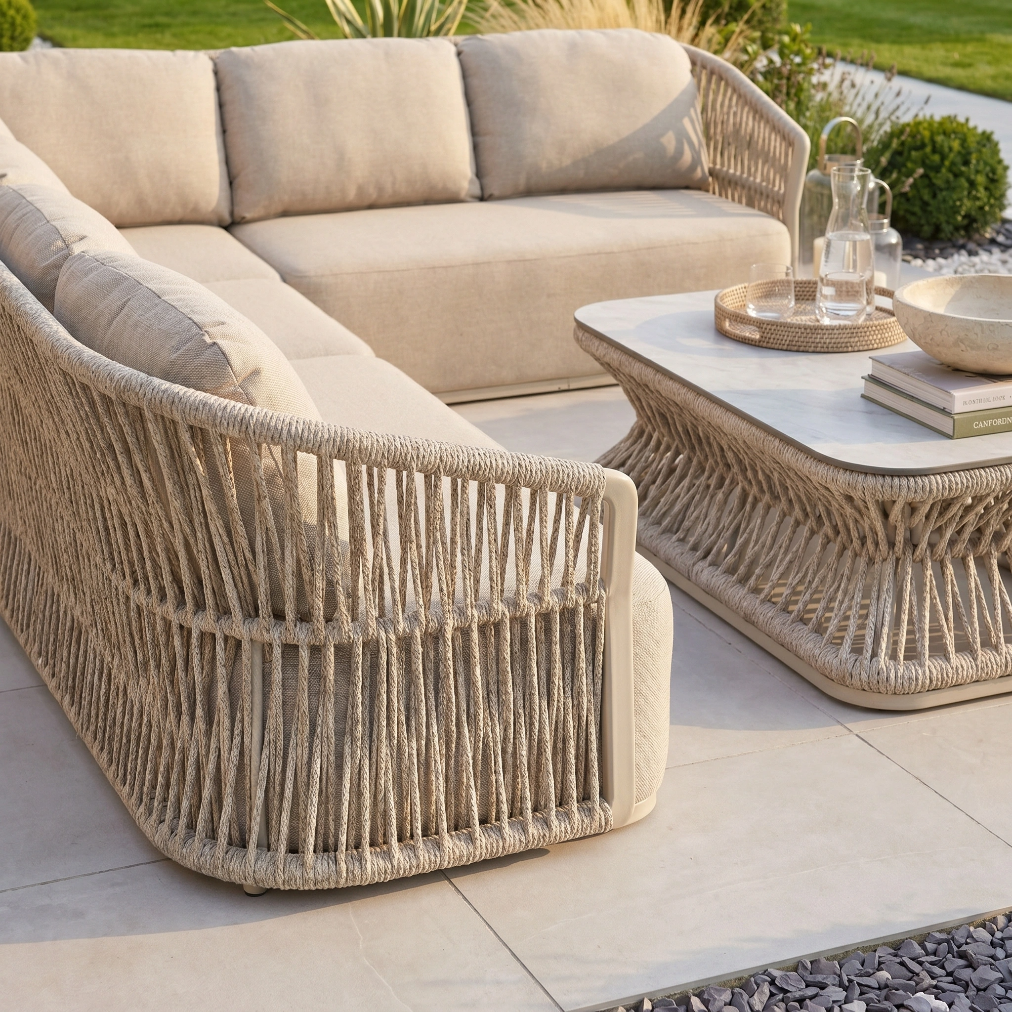 The Pello Corner Group Set with Rectangular Coffee Table in Fawn features weatherproof rope-accented outdoor seating, providing stylish and durable garden furniture perfect for relaxing on your patio.