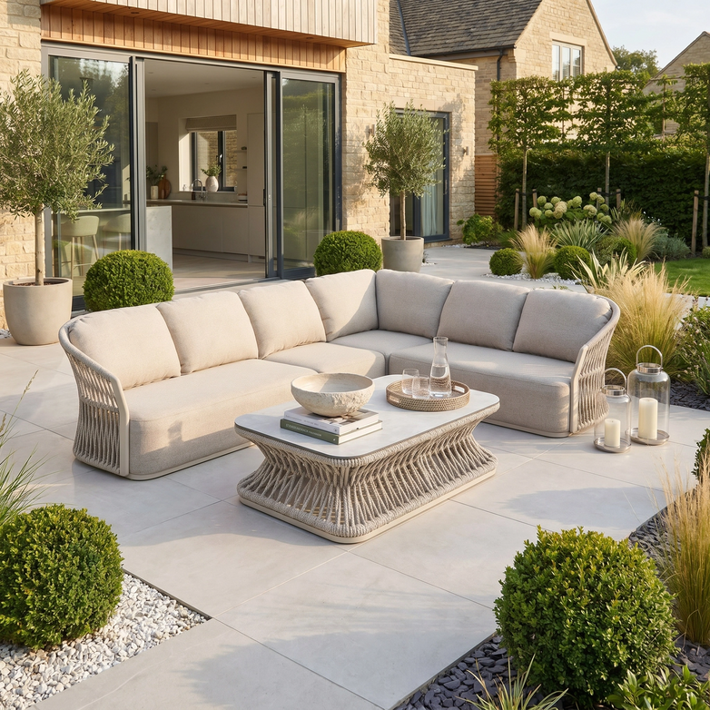 Outdoor patio with a weatherproof Pello Corner Group Set with Rectangular Coffee Table in Fawn, plus potted plants, on a tiled terrace near the house.