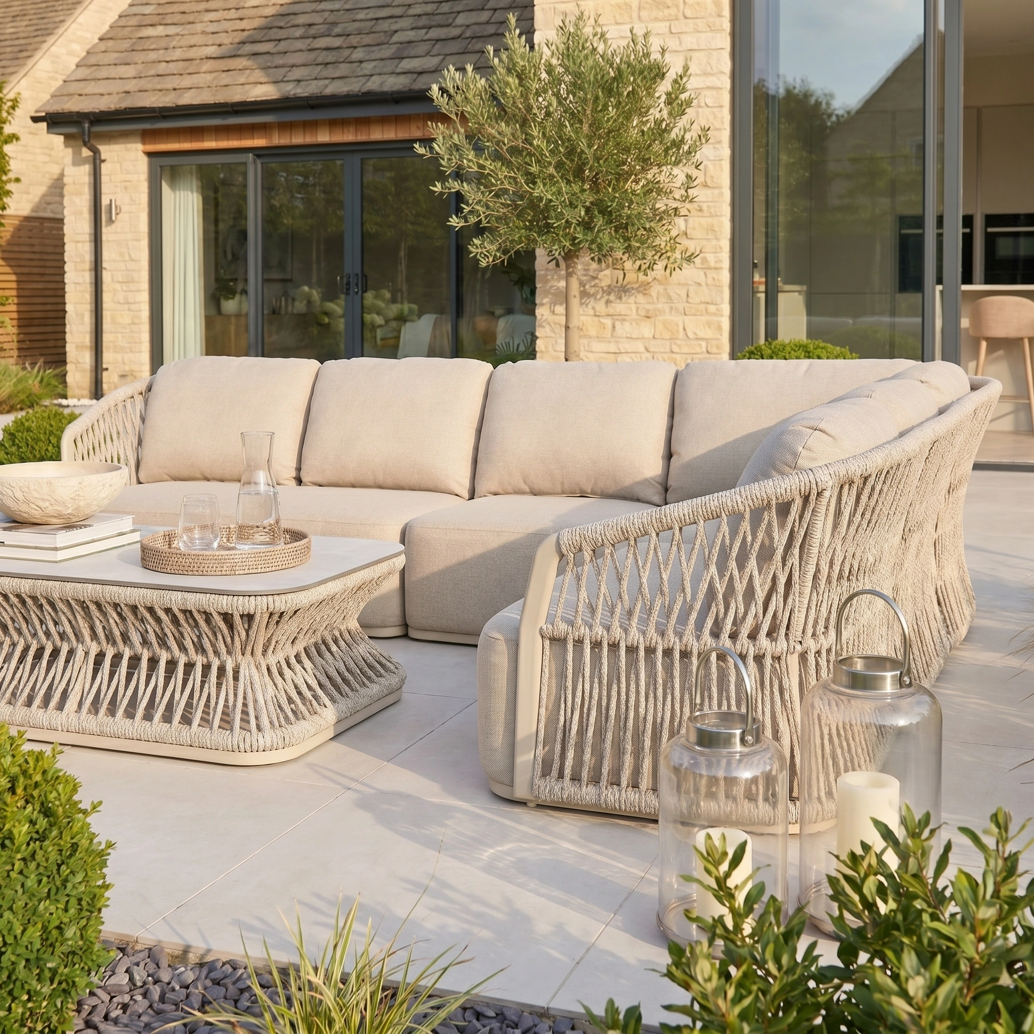 The Pello Corner Group Set with Rectangular Coffee Table in Fawn, featuring woven accents, is displayed on a sunny patio with plants as stylish, weatherproof garden furniture.