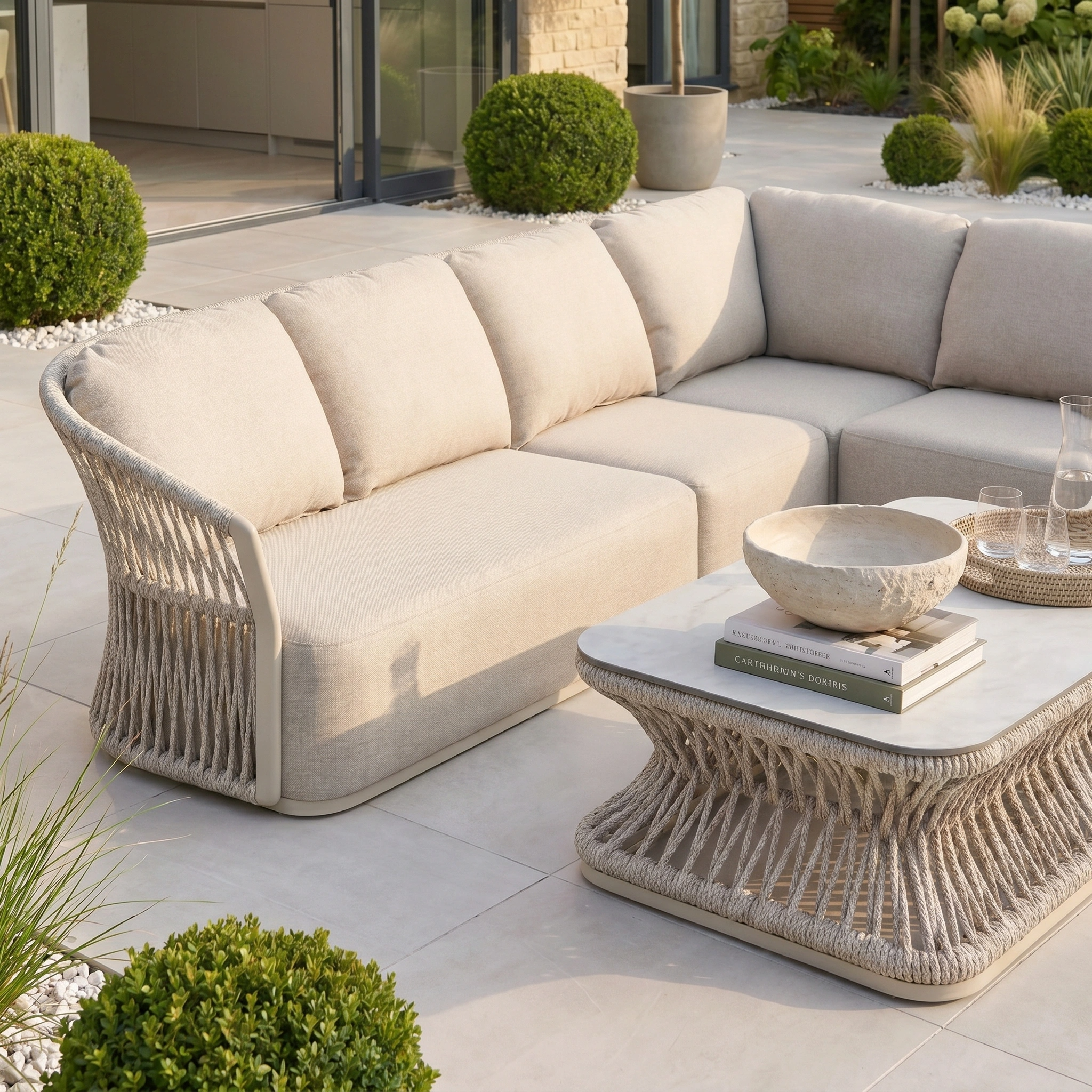 The Pello Corner Group Set with Rectangular Coffee Table in Fawn features stylish outdoor seating and a rope-detailed table, making it perfect weatherproof garden furniture for your patio.