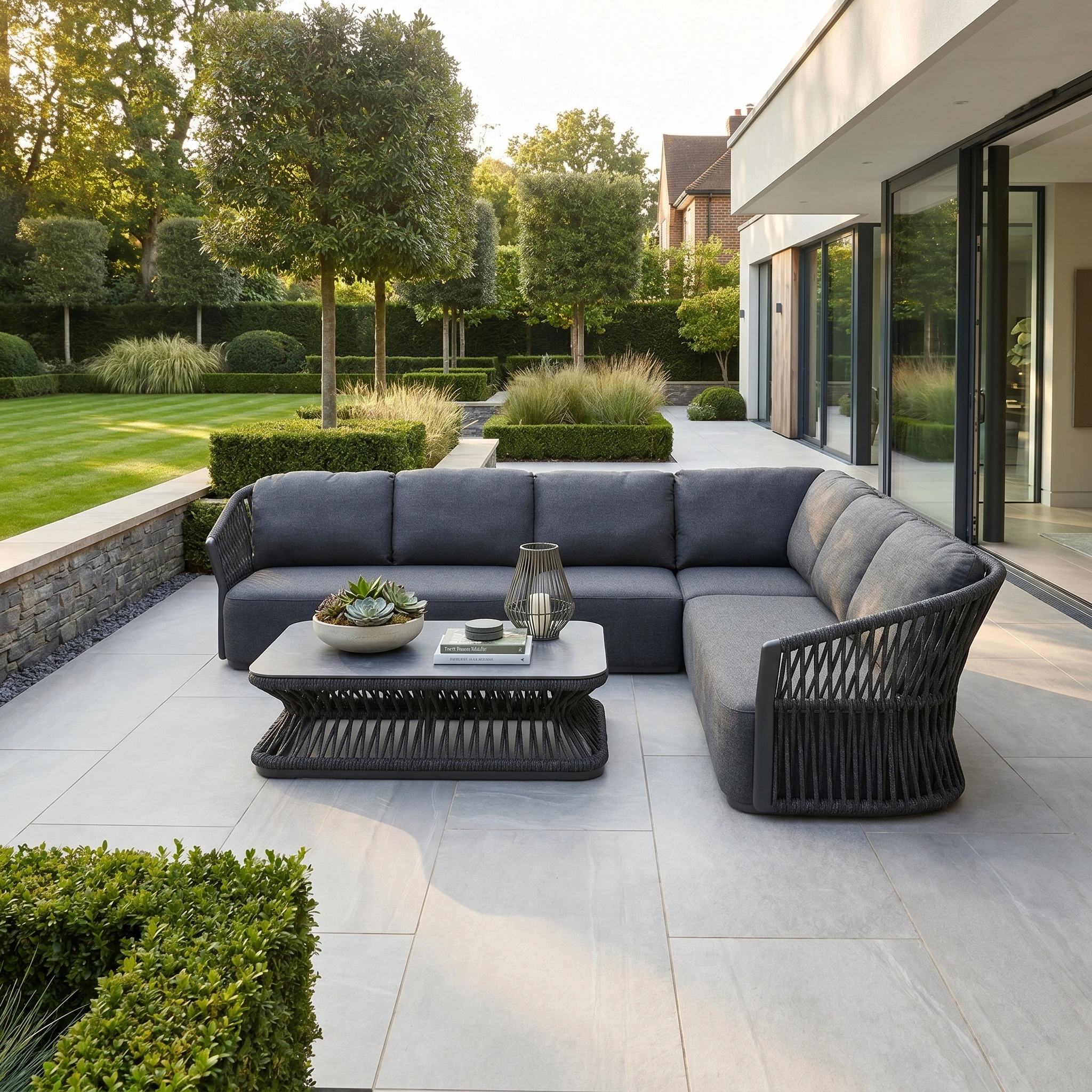 Modern outdoor patio featuring the Pello Corner Group set with Rectangular Coffee Table in Grey and quick dry cushions, set against a lush green garden backdrop.