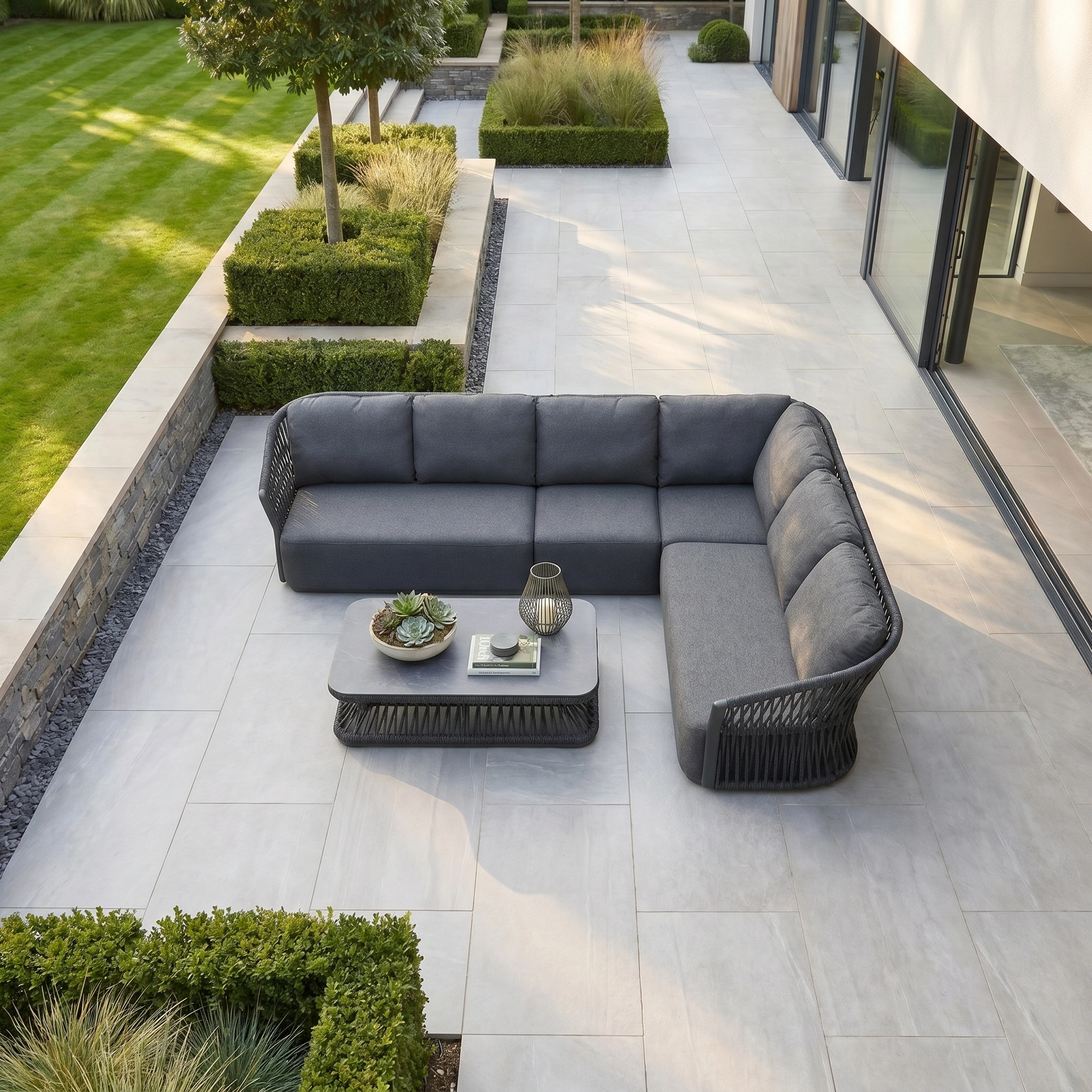 Modern patio with the Pello Corner Group set with Rectangular Coffee Table in Grey, featuring quick dry cushions and surrounded by manicured greenery beside the house.