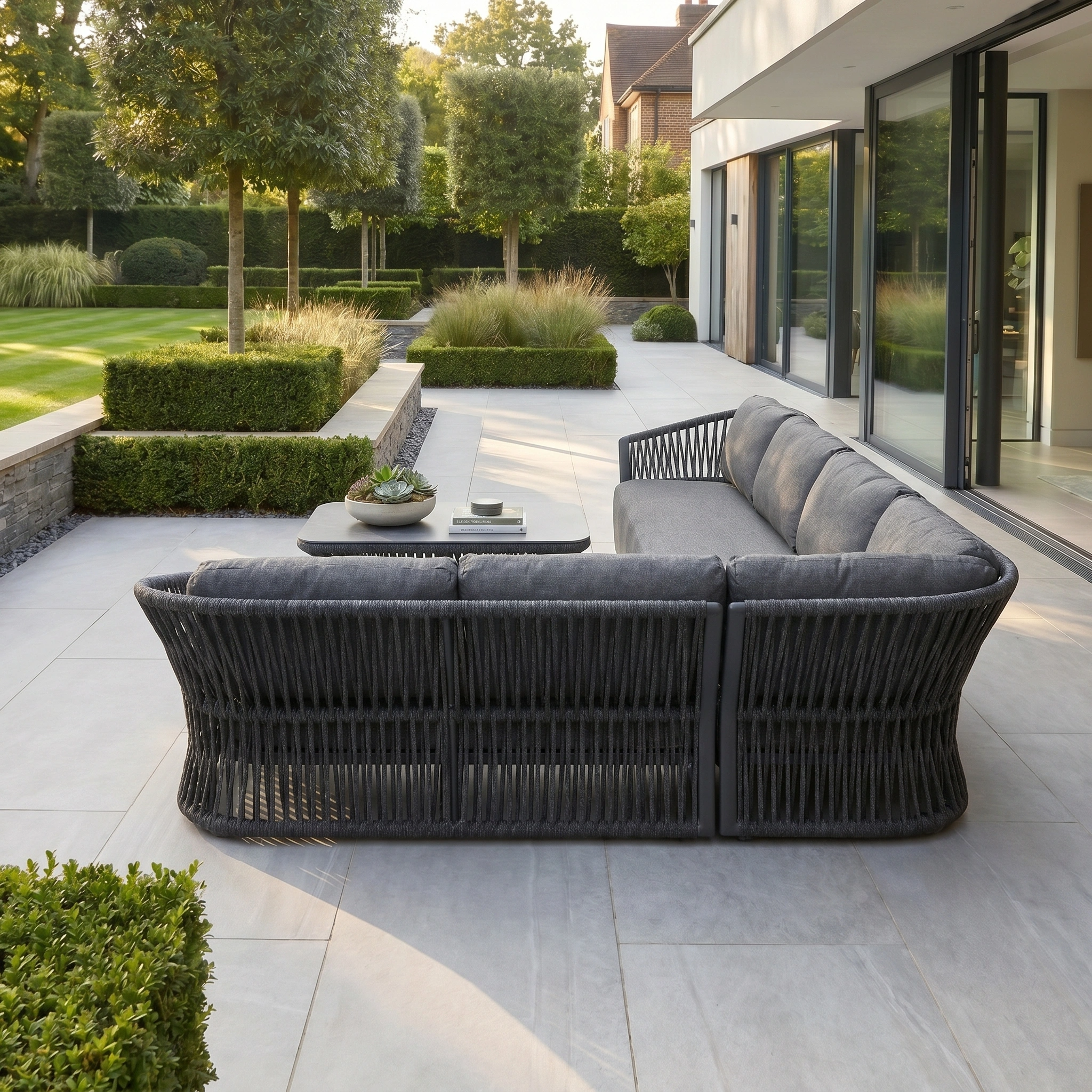 Modern outdoor patio featuring the Pello Corner Group set with Rectangular Coffee Table in grey, quick dry cushions, and a beautifully landscaped garden in the background.